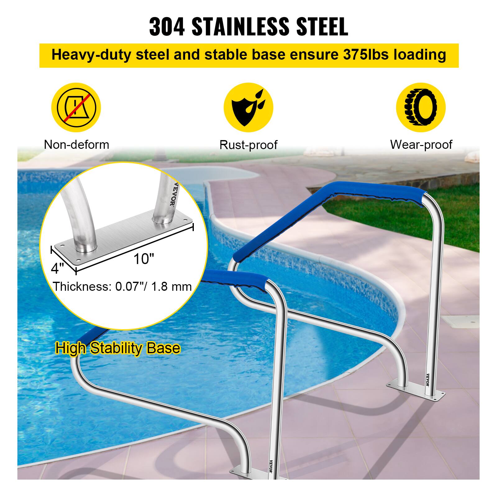 304 STAINLESS STEEL

Heavy-duty steel and stable base ensure 375lbs loading

- Non-deform
- Rust-proof
- Wear-proof

Thickness: 0.07" / 1.8 mm

High Stability Base