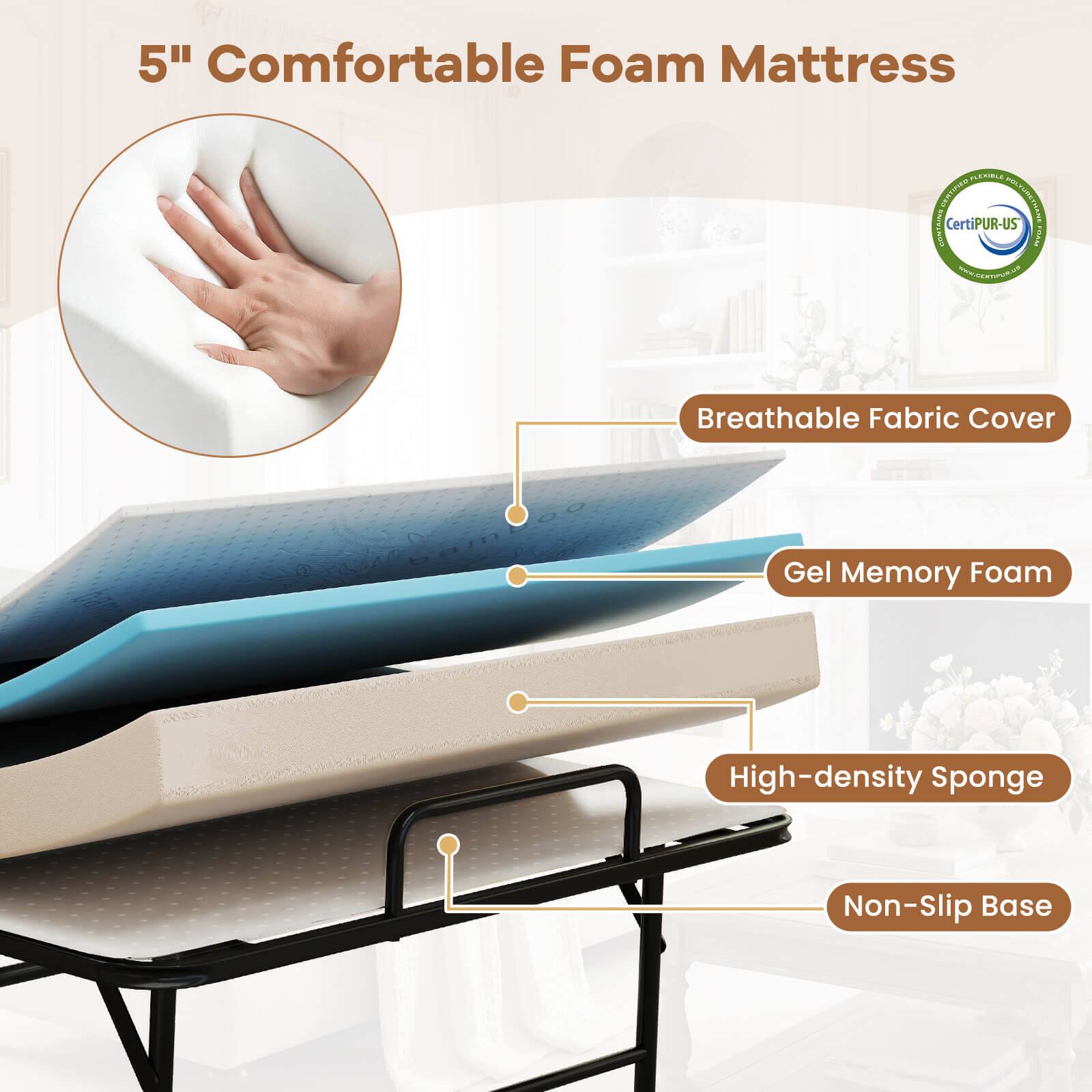 5" Comfortable Foam Mattress  
- Breathable Fabric Cover  
- Gel Memory Foam  
- High-density Sponge  
- Non-Slip Base  
- CertiPUR-US