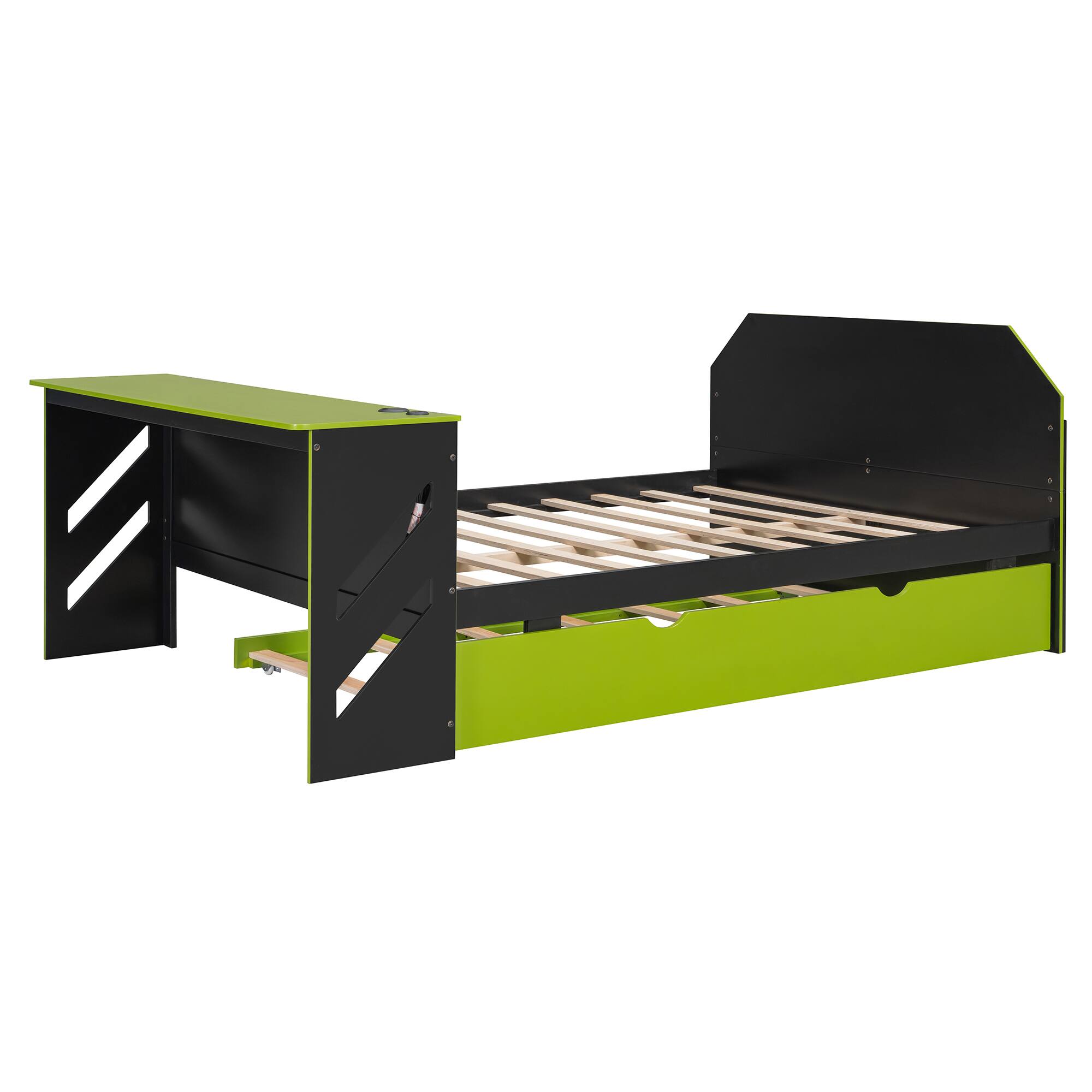 Alt View 2. Anysun - Full Size Wood Daybed with Twin Size Trundle,Desk and USB - Green.