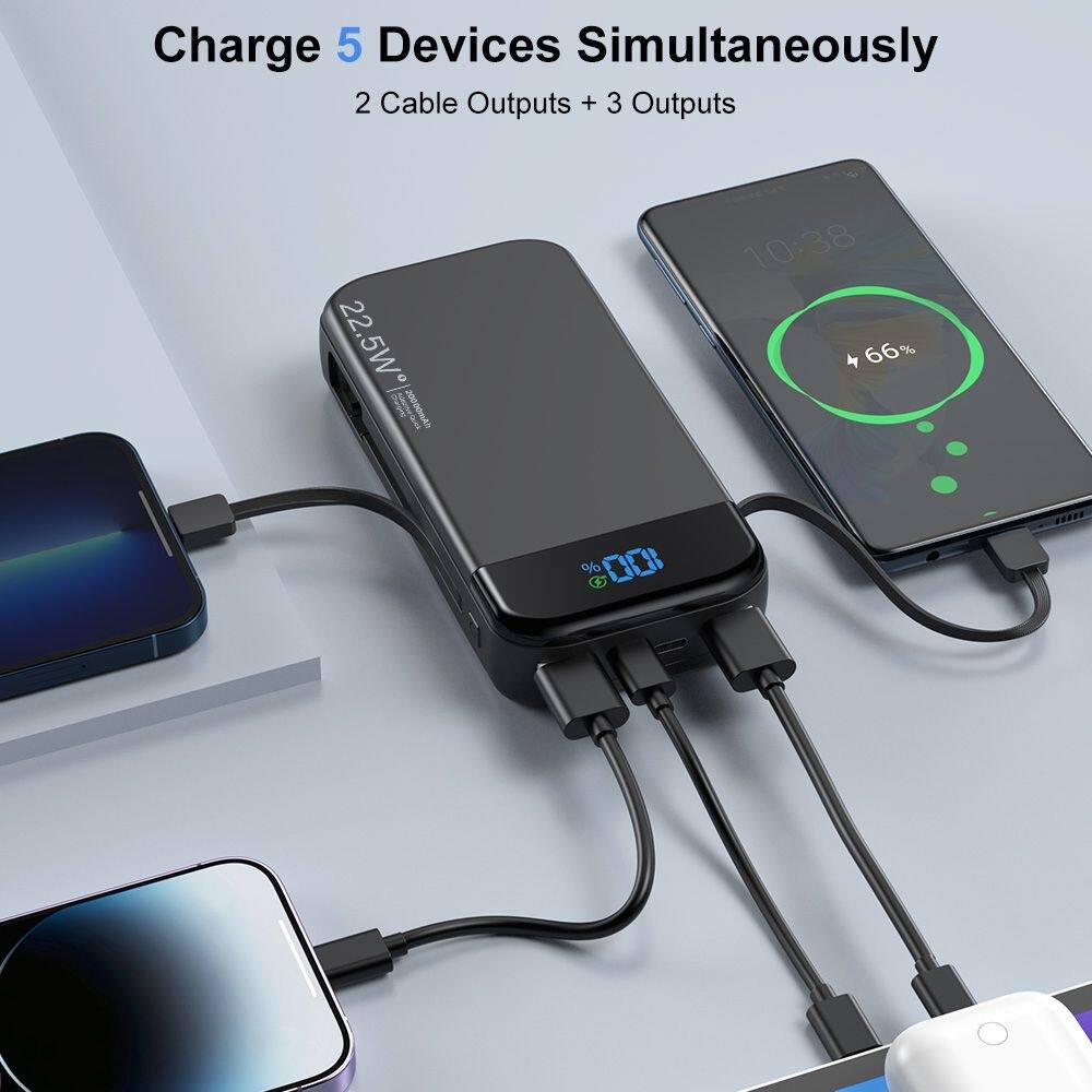 Charge 5 Devices Simultaneously  
2 Cable Outputs + 3 Outputs  
22.5W - 20000mAh  
10:38  
66%  
% 001