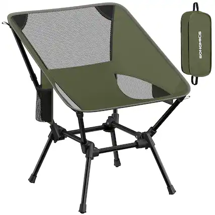 Front. Songmics Home - Camping Chair, Lightweight Folding Beach Chair, Adjustable Height, Steel Frame, Supports 330 lb, 2 Storage Pockets - Green.