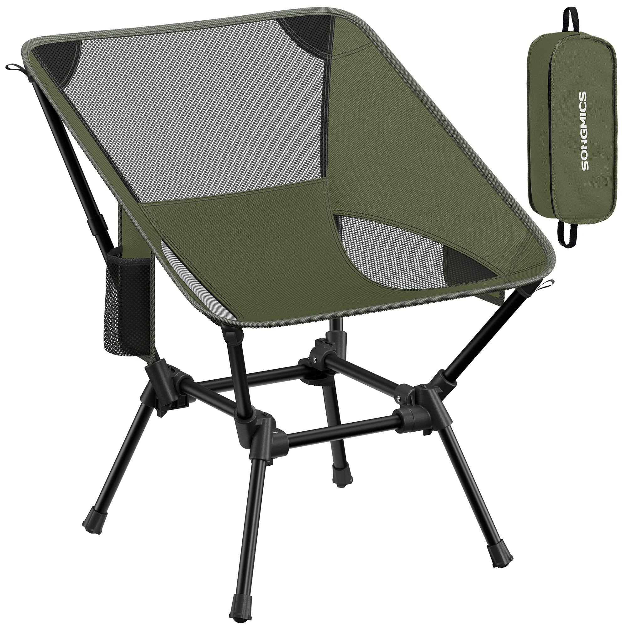 Front. Songmics Home - Camping Chair, Lightweight Folding Beach Chair, Adjustable Height, Steel Frame, Supports 330 lb, 2 Storage Pockets - Green.