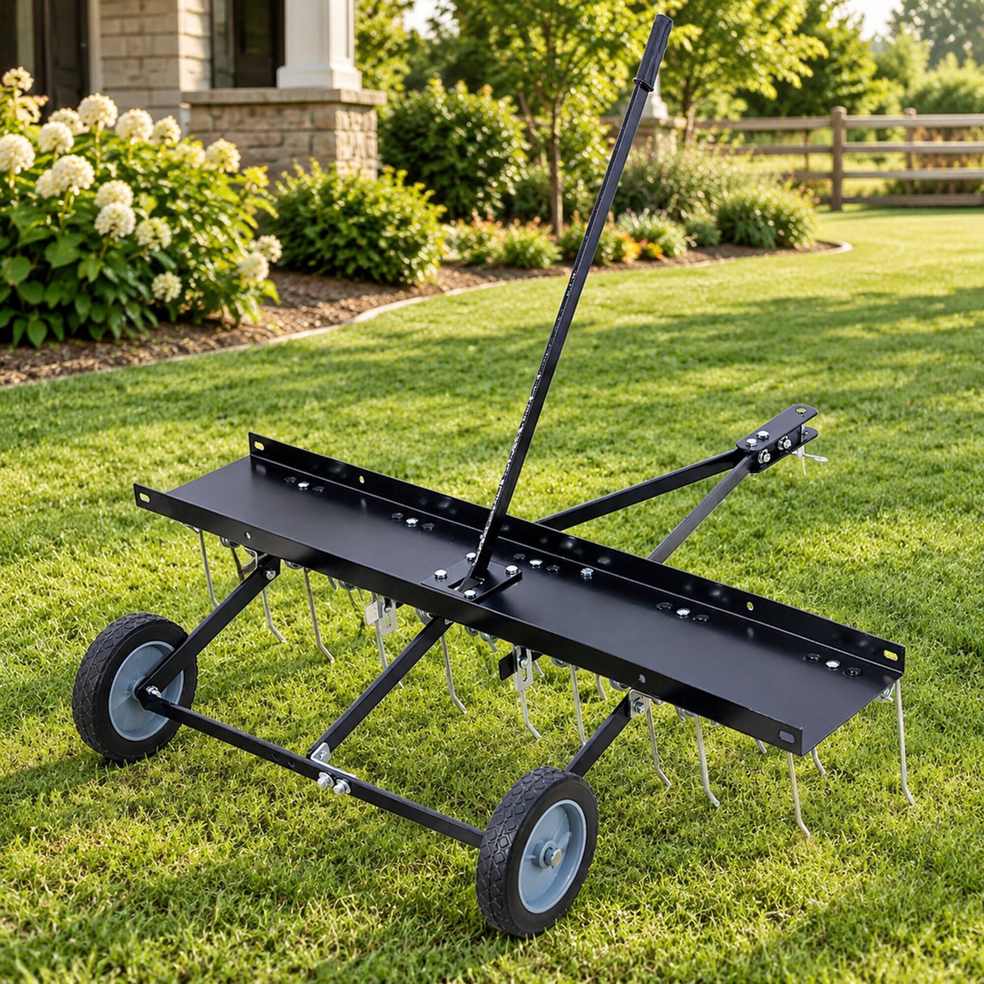 Left. RYHNUYNE - 40-Inch Tow Behind Dethatcher, Lawn Sweeper Attachment, 20 Heat-Treated Tines, 7-Inch Flat Free Wheels, 70 lbs Weight - Black.