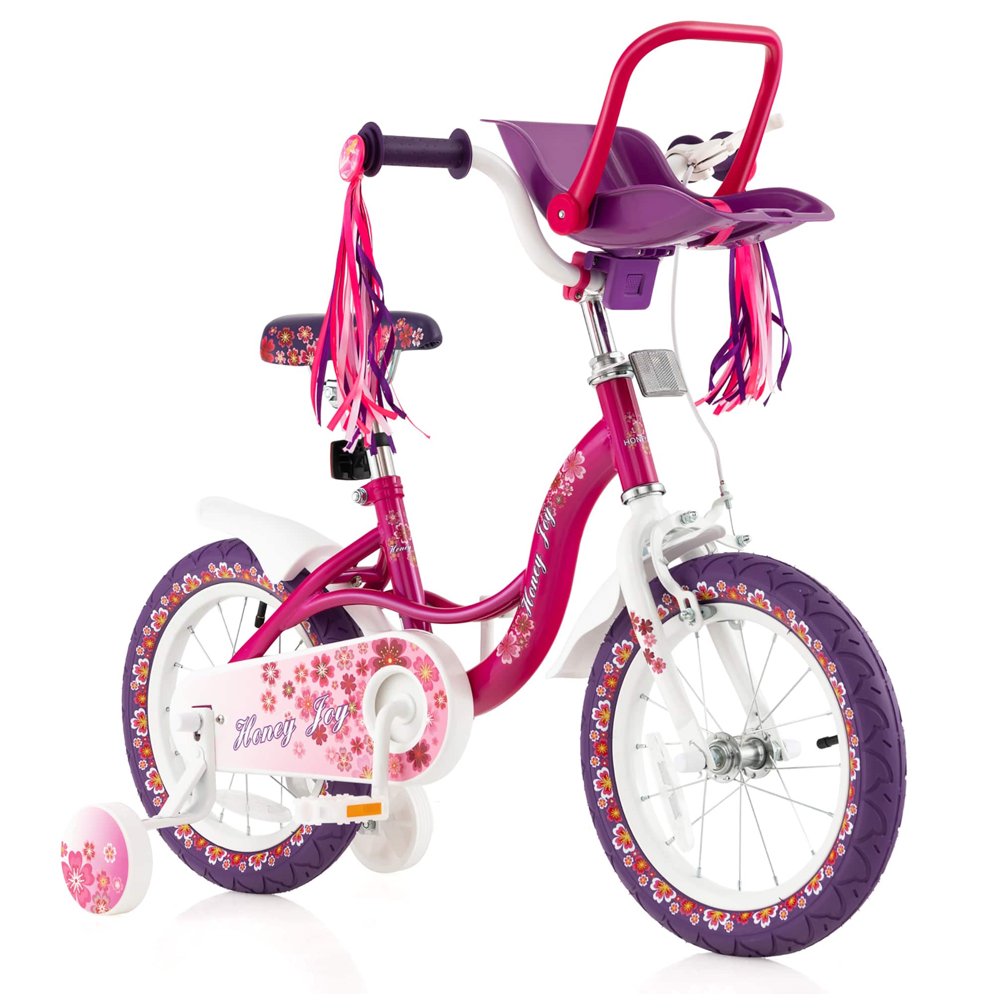 Costway - 16" Kids Bike with Doll Seat Girls Bicycle with Training Wheels for 4-7 Years Old Girl - Pink,Purple