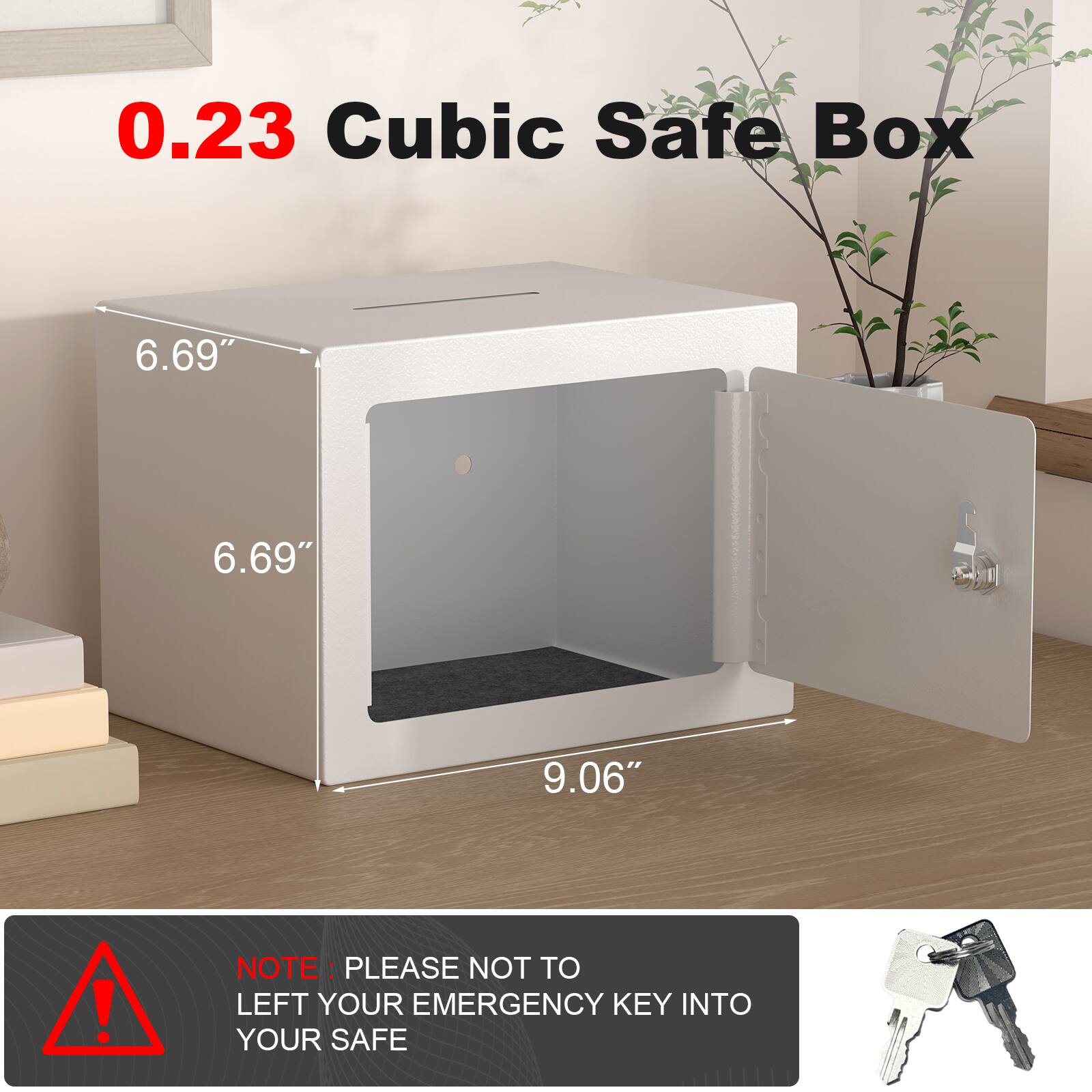 0.23 Cubic Safe Box

6.69" x 6.69" x 9.06"

NOTE: PLEASE NOT TO LEFT YOUR EMERGENCY KEY INTO YOUR SAFE