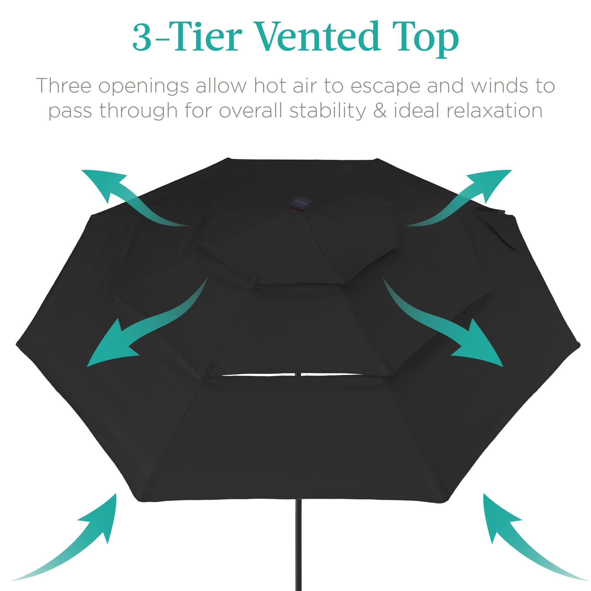 3-Tier Vented Top

Three openings allow hot air to escape and winds to pass through for overall stability & ideal relaxation
