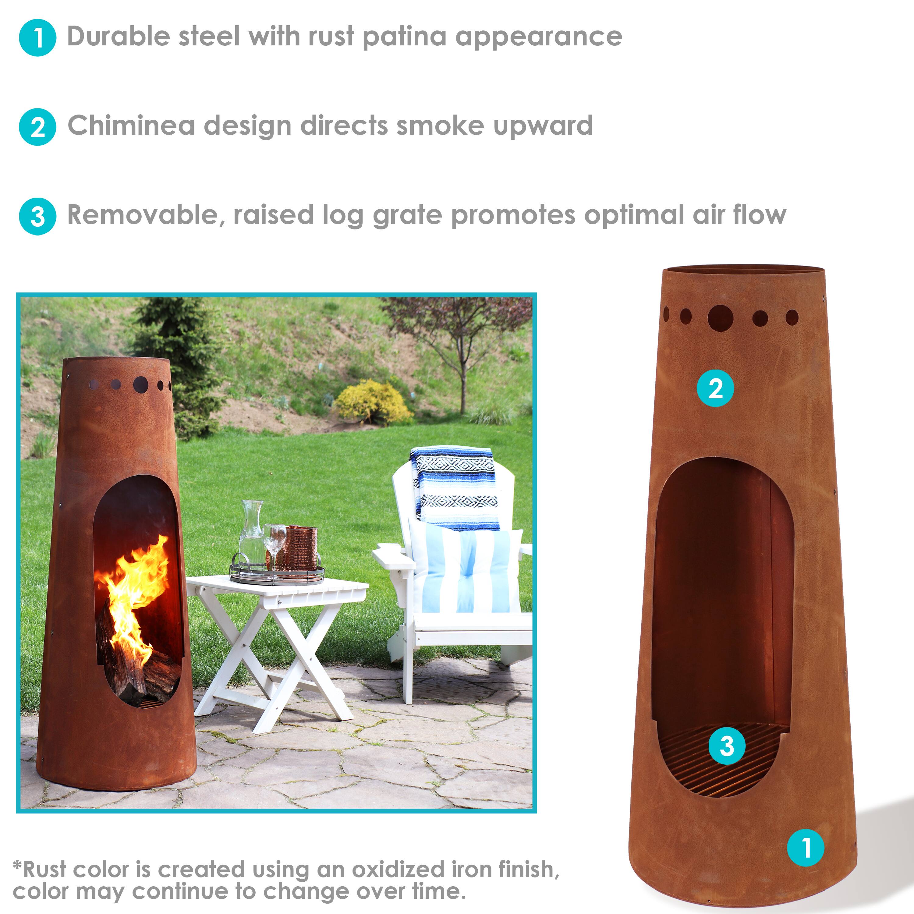 1. Durable steel with rust patina appearance
2. Chiminea design directs smoke upward
3. Removable, raised log grate promotes optimal air flow

*Rust color is created using an oxidized iron finish, color may continue to change over time.
