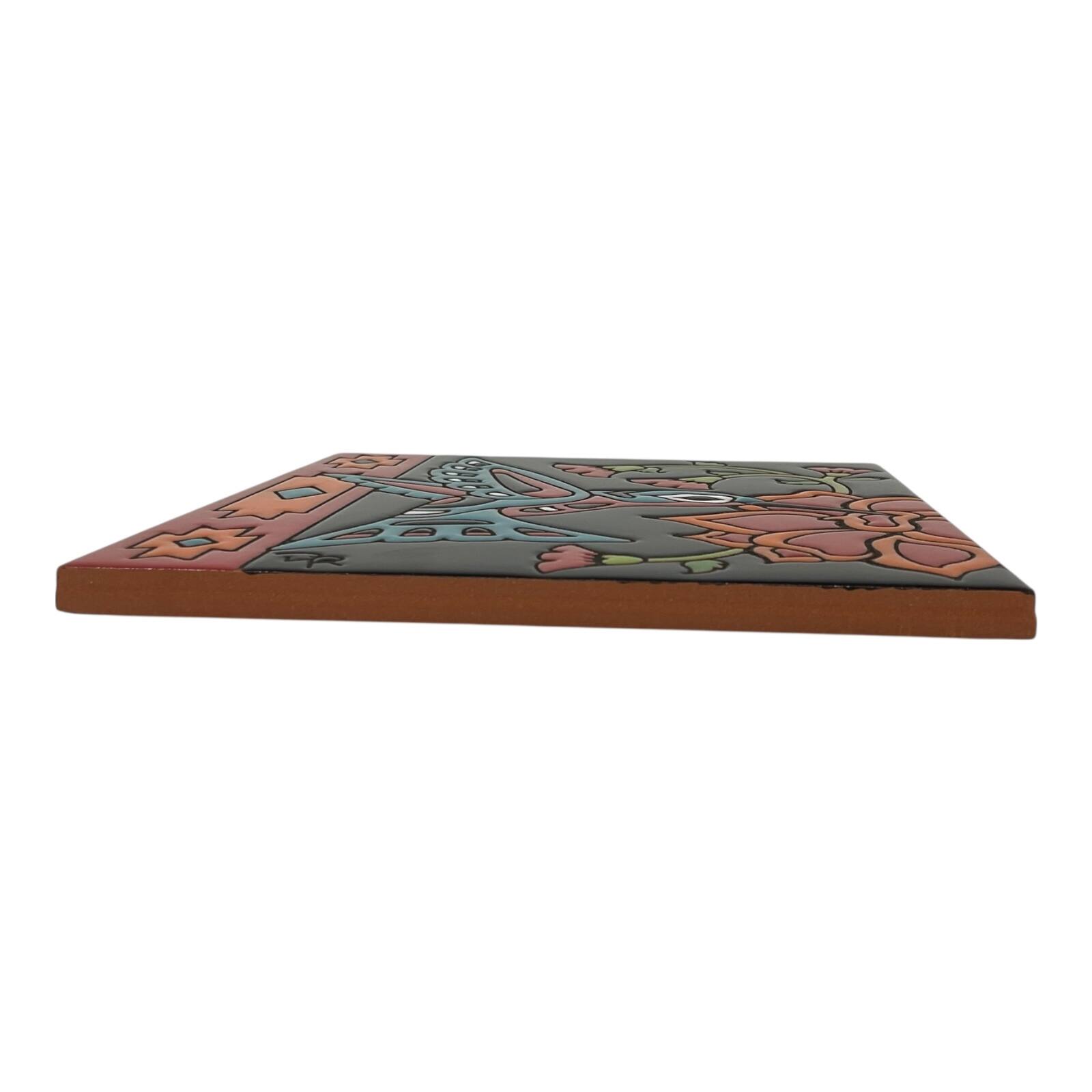 Back. Earthtones Tile - Earthtones Southwest Hummingbird with Flower 6X6 Colorful Hand Glazed Decorative Tile - Multicolor.