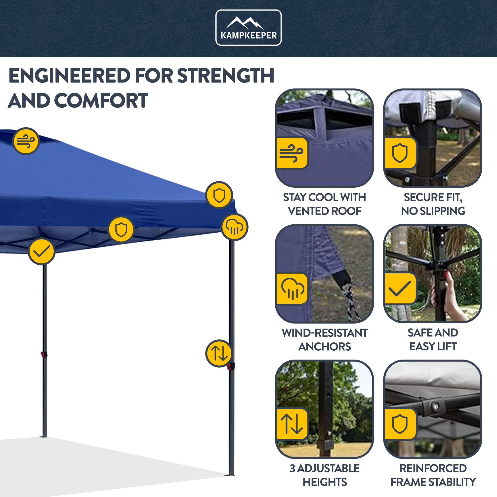KAMPKEEPER ENGINEERED FOR STRENGTH AND COMFORT

- STAY COOL WITH VENTED ROOF
- SECURE FIT, NO SLIPPING
- WIND-RESISTANT ANCHORS
- SAFE AND EASY LIFT
- 3 ADJUSTABLE HEIGHTS
- REINFORCED FRAME STABILITY