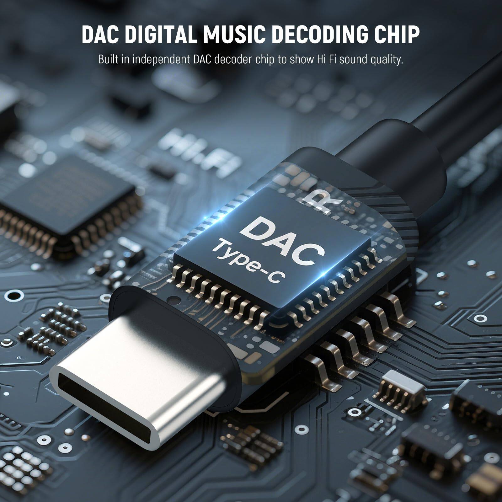DAC DIGITAL MUSIC DECODING CHIP  
Built in independent DAC decoder chip to show Hi Fi sound quality.  

HI.FI R Type-C