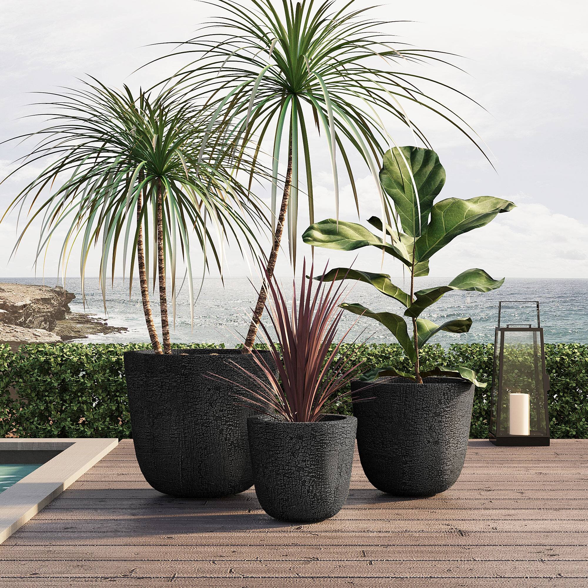 Left. Mondawe - MGO Round Stackable Planter Set with Drainage Holes and Rubber Plug,-3 Sizes (16.93"/3.78"/11.02") - Black.