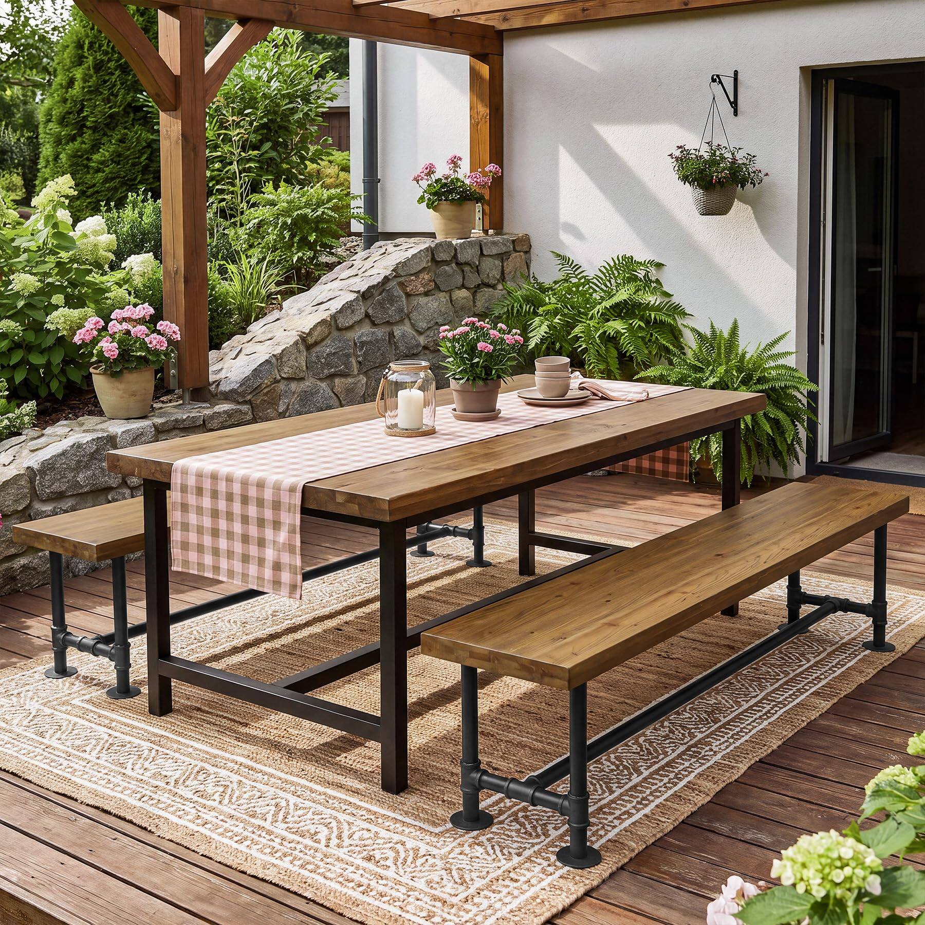 Back. Tribesigns - 71-Inch Extra Long Solid Wood Dining Bench, Industrial Wood Bench - Brown and Black.