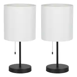 Oumilen - Black Metal Table Lamp with White Fabric Shade, Pull Chain Switch & 67In Cord, Max 60W E26