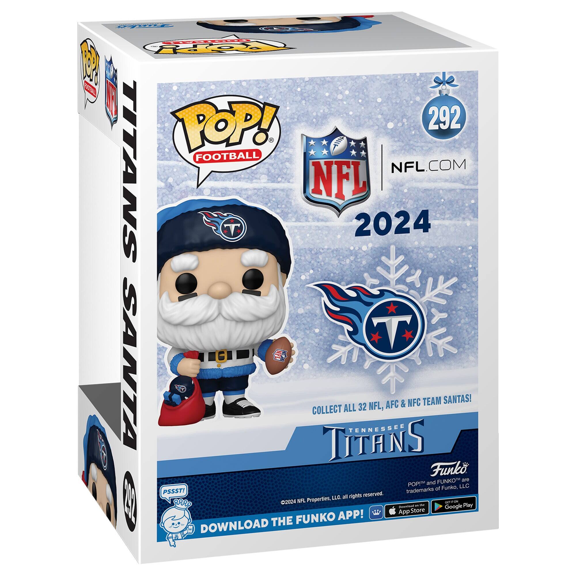 **Front:**

- **Top Left:** POP! FOOTBALL
- **Top Center:** NFL 2024
- **Top Right:** NFL.COM
- **Center:** Santa Claus figure holding a football and a sack with the Tennessee Titans logo
- **Below Santa:** COLLECT ALL 32 NFL, AFC & NFC TEAM SANTAS!
- **Below Santa:** TENNESSEE TITANS
- **Bottom Left:** PSSST! DOWNLOAD THE FUNKO APP!
- **Bottom Right:** POP! and FUNKO are trademarks of Funko, LLC. ©2024 NFL Properties, LLC. All rights reserved.
- **Bottom Right:** App Store and Google Play icons

**Side:**

- **Top:** TITANS SANTA
- **Bottom:** 292

**Top:**

- **Left:** POP! FOOTBALL
- **Right:** 292

**Bottom Left:**

- **Logo:** PSSST!