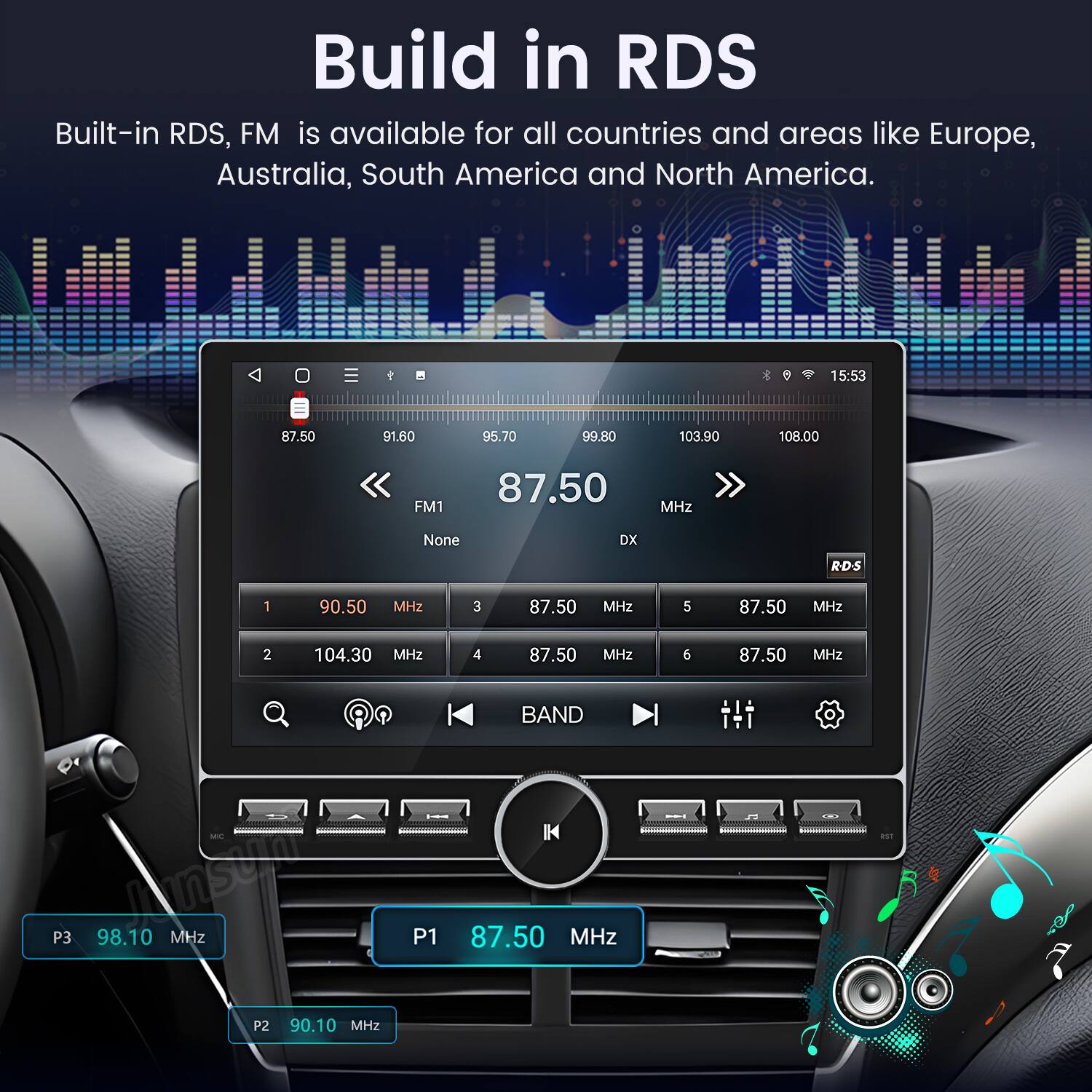 Build in RDS

Built-in RDS, FM is available for all countries and areas like Europe, Australia, South America and North America.

15:53

87.50 91.60 95.70 99.80 103.90 108.00

FM1 87.50 MHz

None DX

RDS

1 90.50 MHz

3 87.50 MHz

5 87.50 MHz

2 104.30 MHz

4 87.50 MHz

6 87.50 MHz

BAND

P3 98.10 MHz

P1 87.50 MHz

P2 90.10 MHz