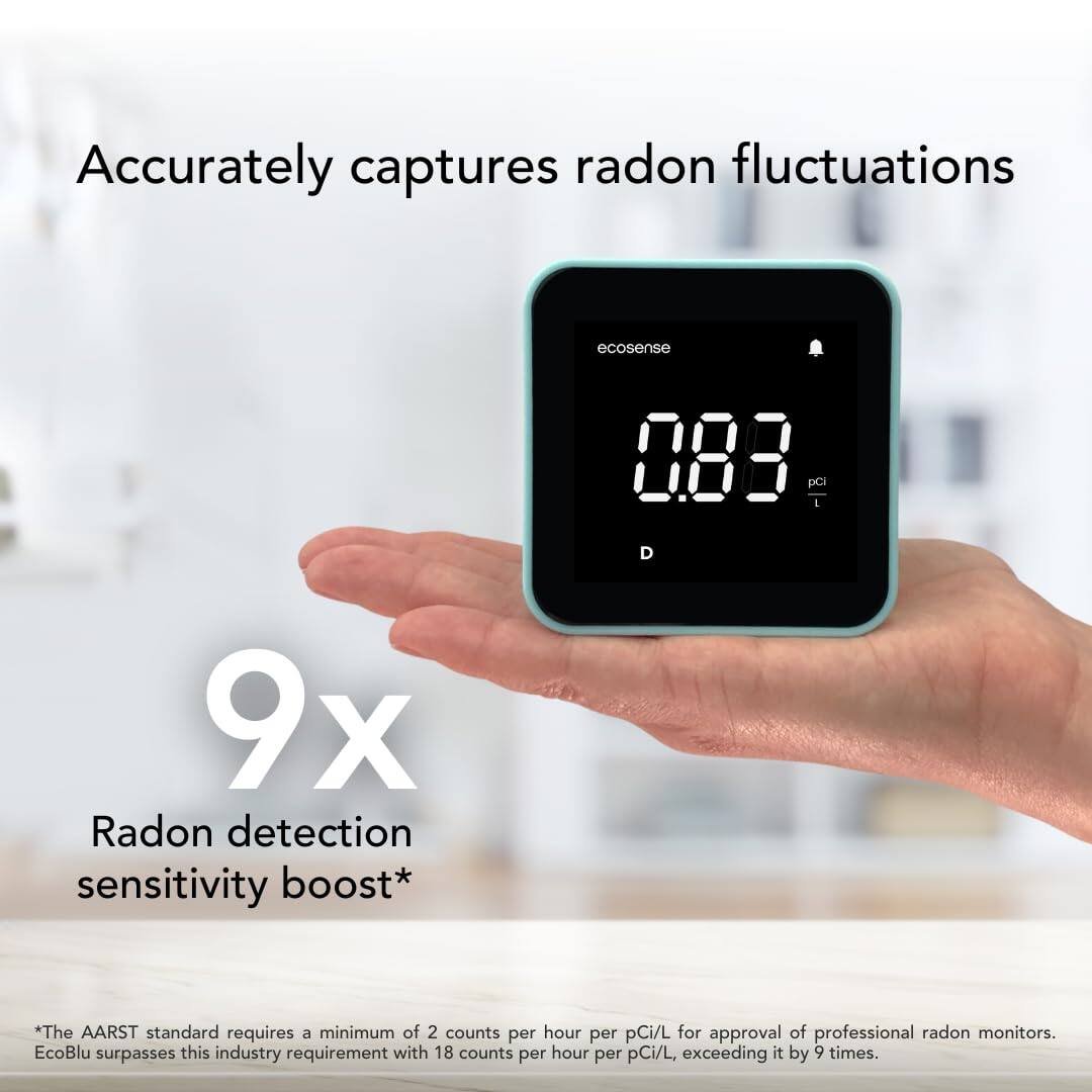 Accurately captures radon fluctuations

9x Radon detection sensitivity boost*

*The AARST standard requires a minimum of 2 counts per hour per pCi/L for approval of professional radon monitors. EcoBlu surpasses this industry requirement with 18 counts per hour per pCi/L, exceeding it by 9 times.