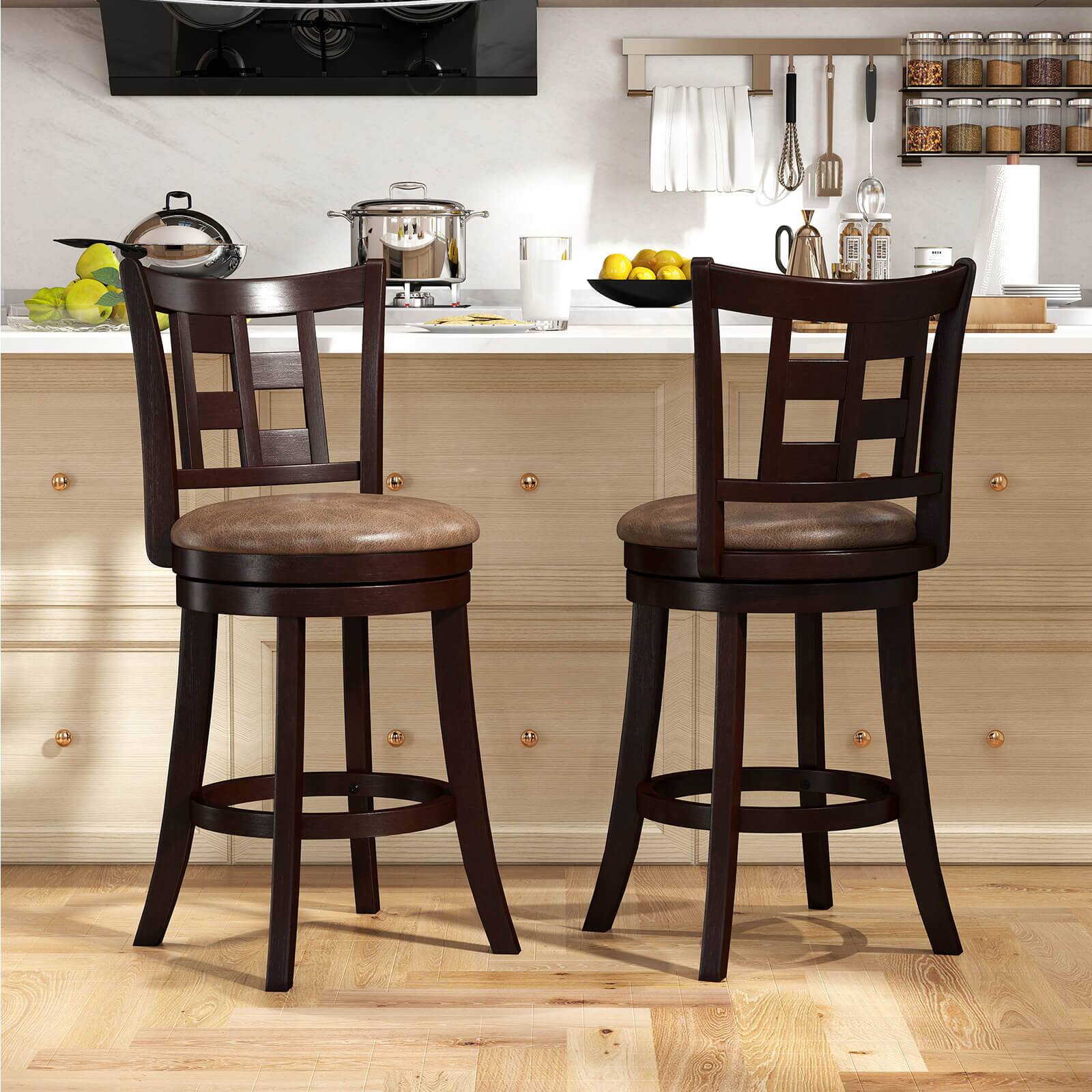 Alt View 3. Costway - Costway Set of 4 Bar Stools 26" Swivel Bar Chairs with Footrest, Lattice Backrest - Coffee,Brown.
