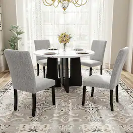 Loheer - 5 Piece Round Dining Table Set with Upholstered Chairs, 43 Inch Modern Dining Set for Four - White and gray