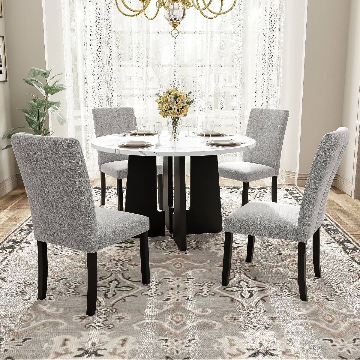 Loheer - 5 Piece Round Dining Table Set with Upholstered Chairs, 43 Inch Modern Dining Set for Four - White and gray