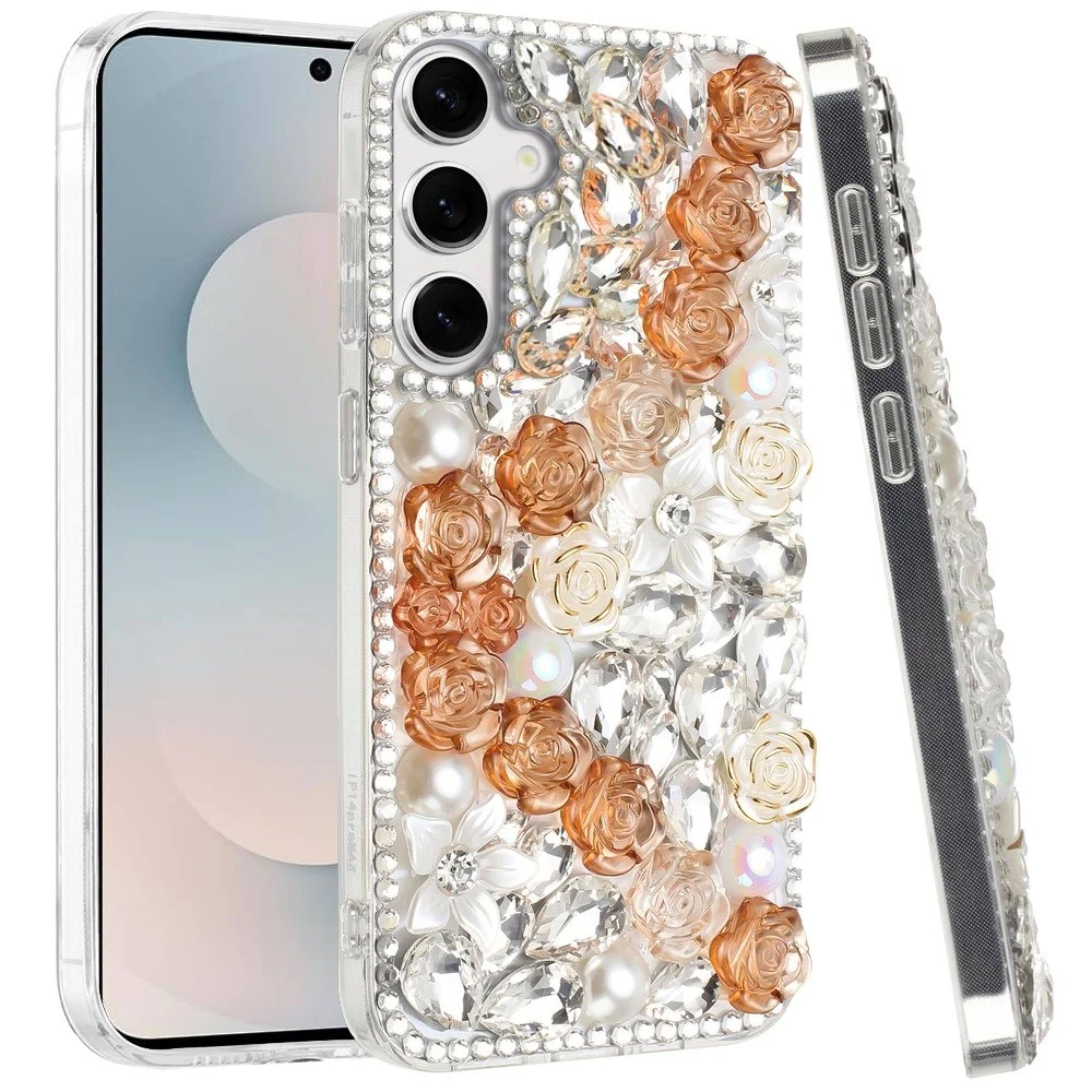 Left. Kitcheniva - Rhinestone 3D Rose Bling Cover Plus Tempered Glass For Samsung S25 FE Gold - Gold.