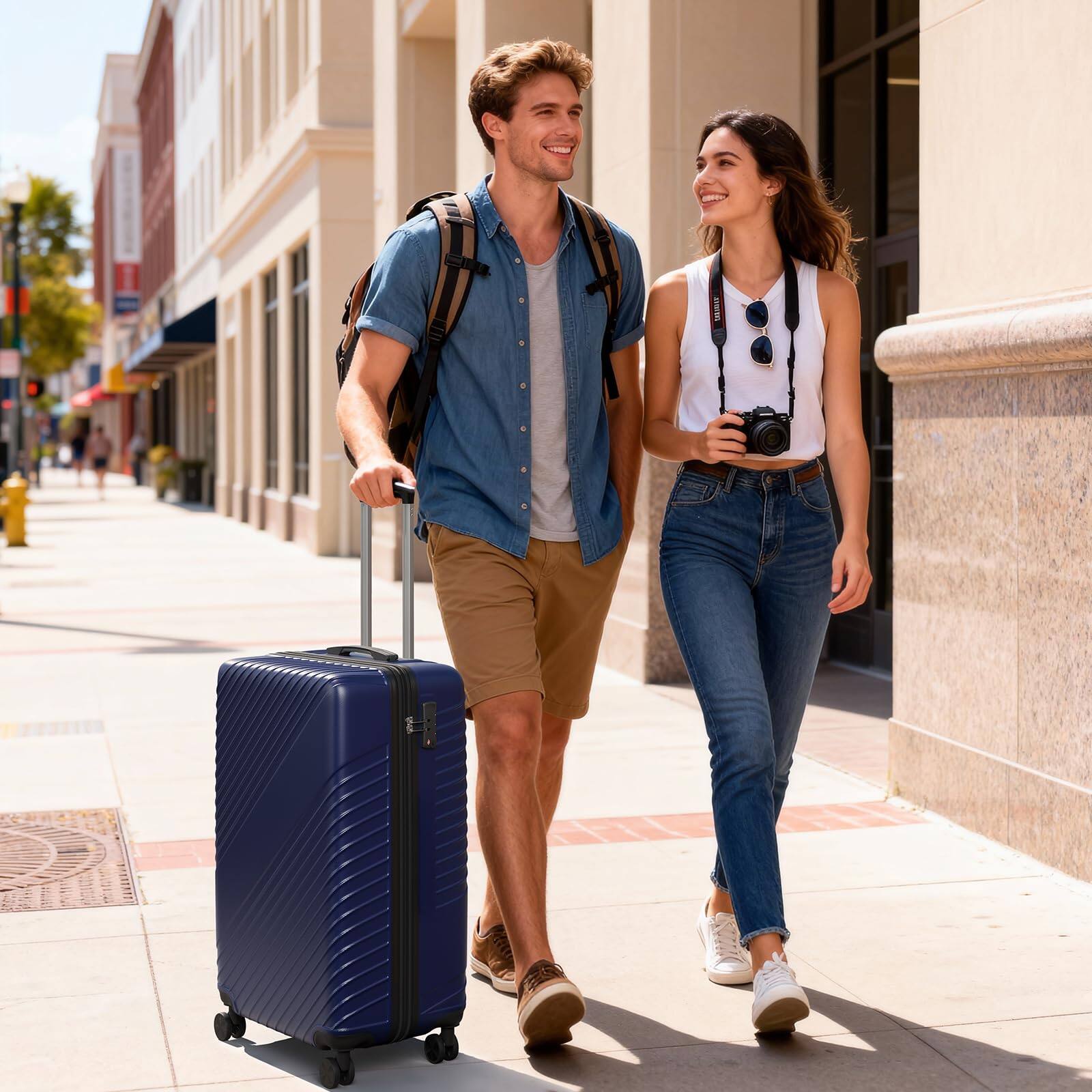 Left. Yardgrace - 20" Hardside Checked Luggage, Expandable Hardshell Suitcase with 4 Multi-Directional Wheels, Scratch-Resistant - Blue.