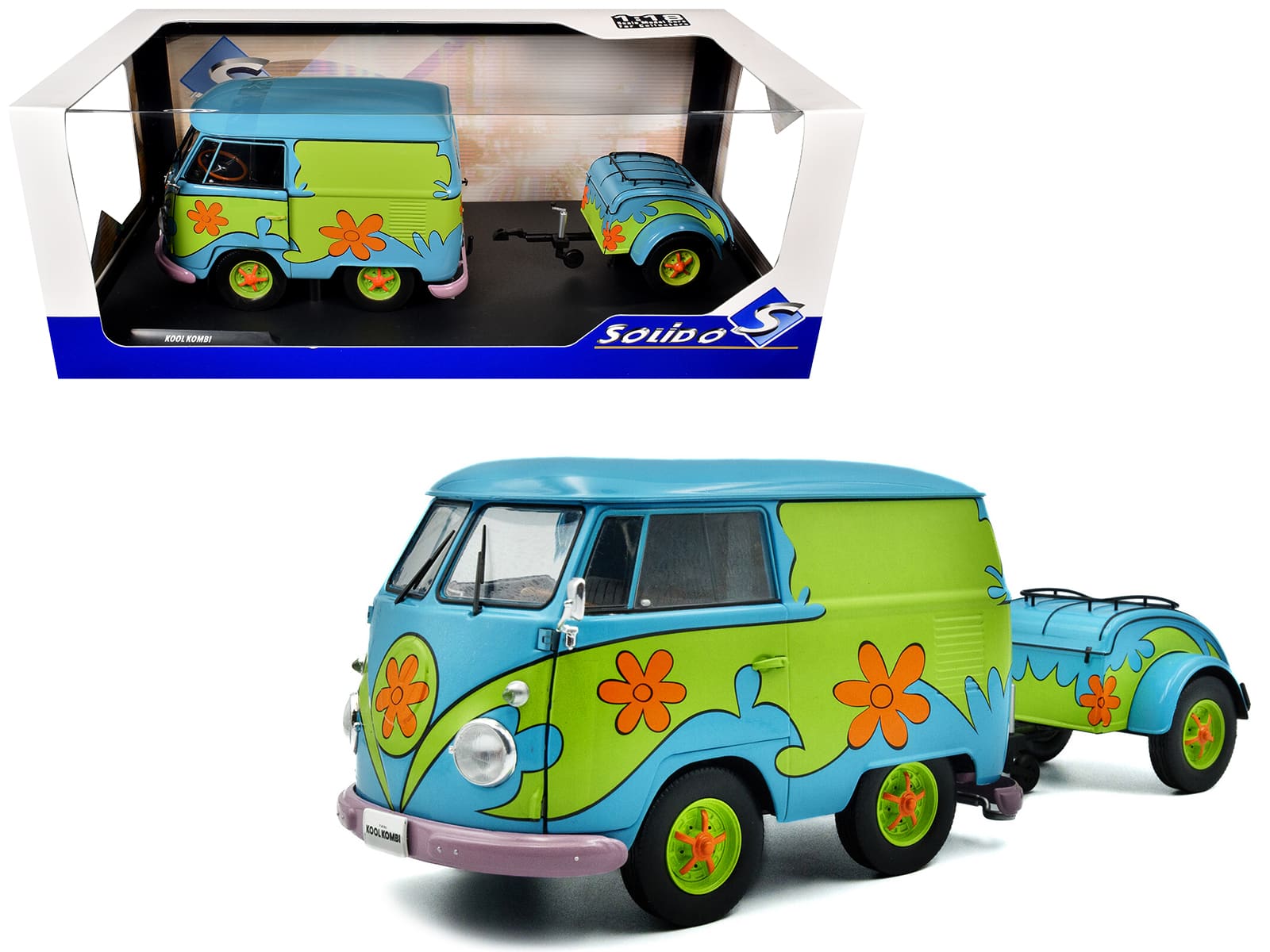 "2024 Volkswagen Kool Kombi Van with Trailer ""Ghost Hunter"" Blue and Green with Graphics 1/18 Diecast Model Car by Solido" price history on PriceWatchPro