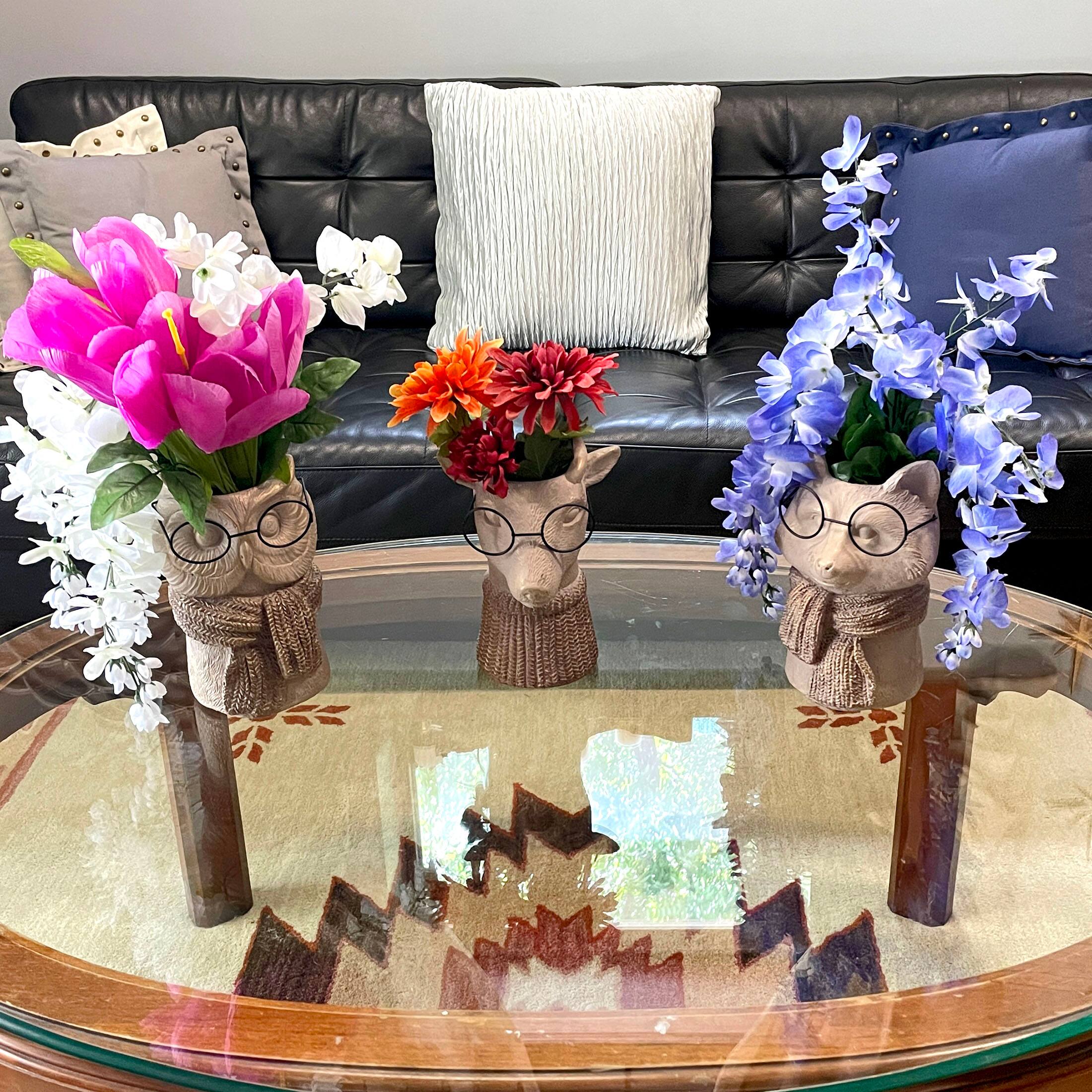 Alt View 9. Things2Die4 - Bespectacled Fox Cement Vase 8.25in – Cute Fox Planter, Animal Flower Pot, Gift - Taupe.