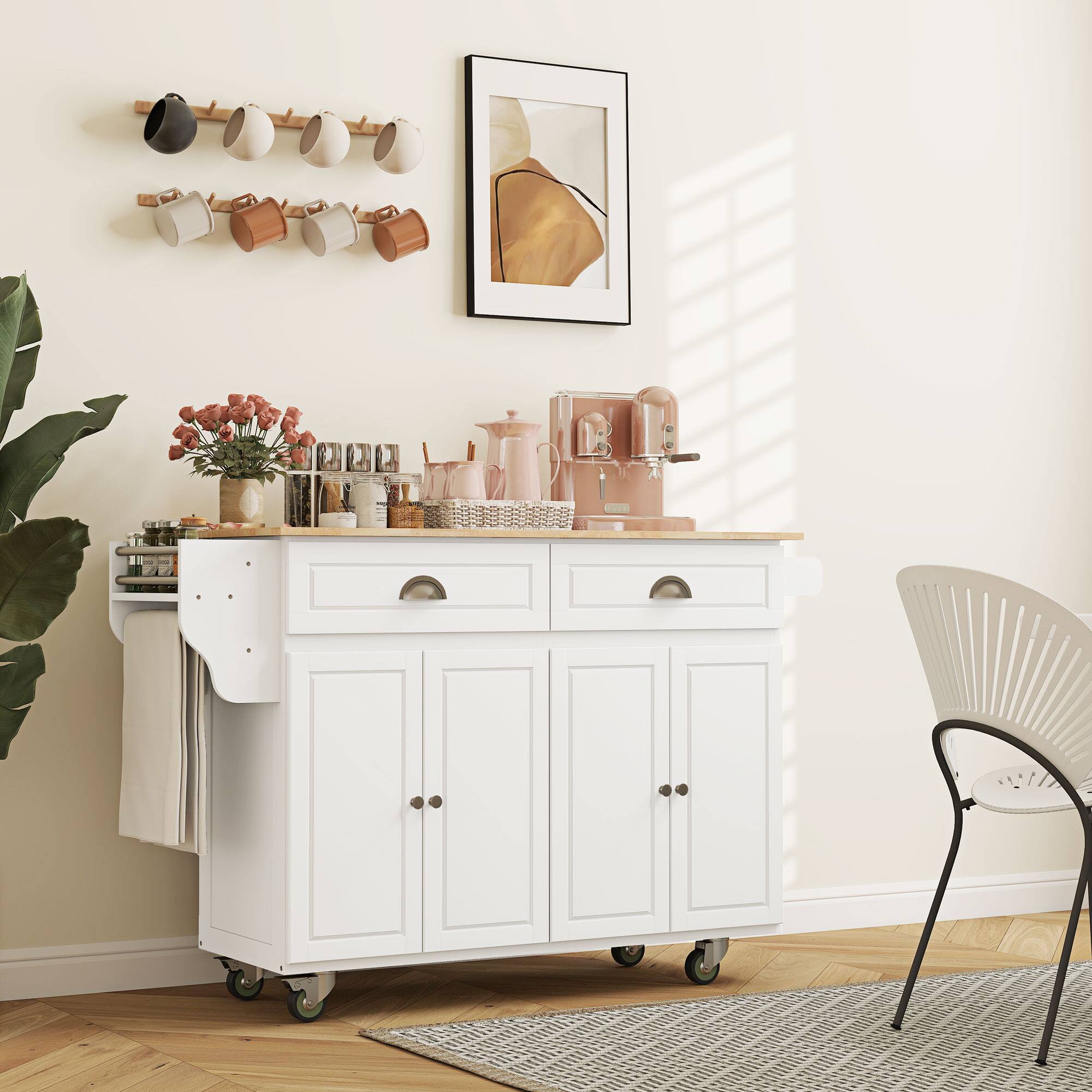 Alt View 8. Homcom - Rolling Kitchen Island Cart with Drop Leaf, Kitchen Cart on Wheels with Rubber Wood Top, 2 Drawers - White.