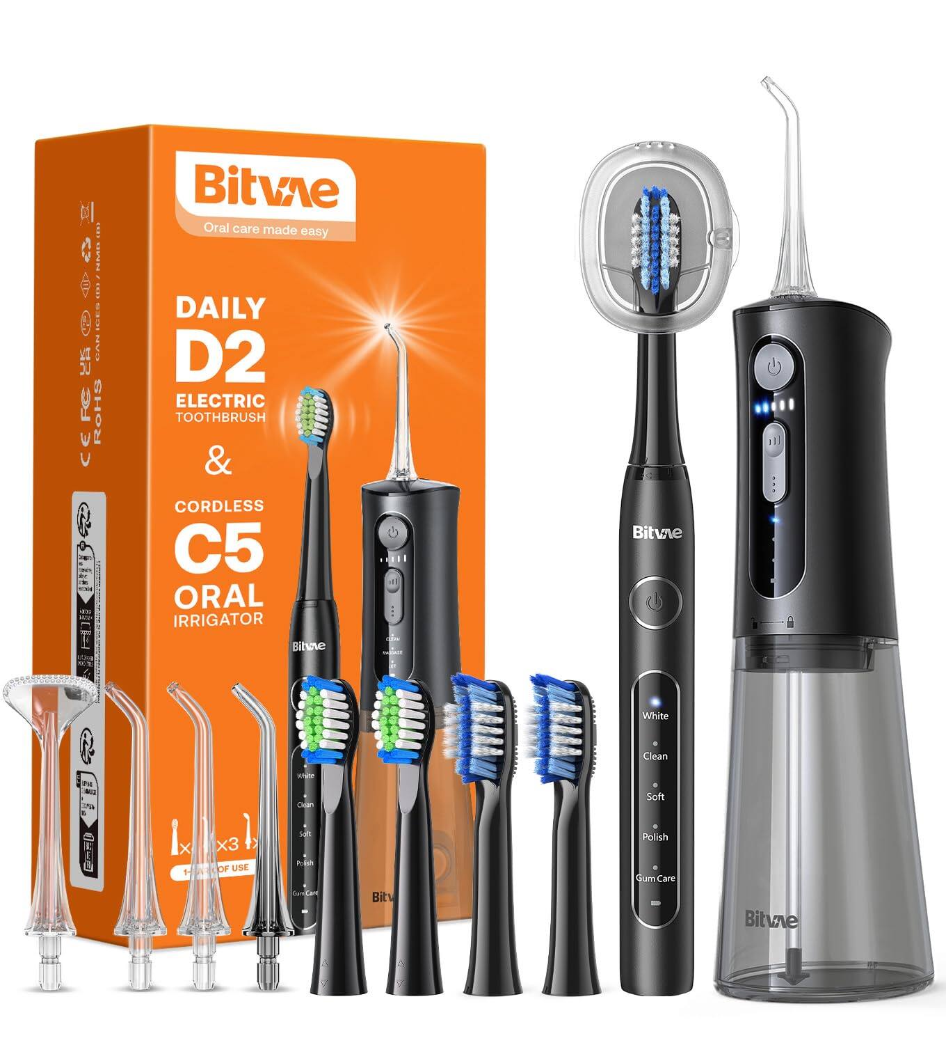 Bitwe  
Oral care made easy  

DAILY D2 ELECTRIC TOOTHBRUSH & CORDLESS C5 ORAL IRRIGATOR  

1 x 3 OF USE  

White  
Clean  
Soft  
Polish  
Gum Care