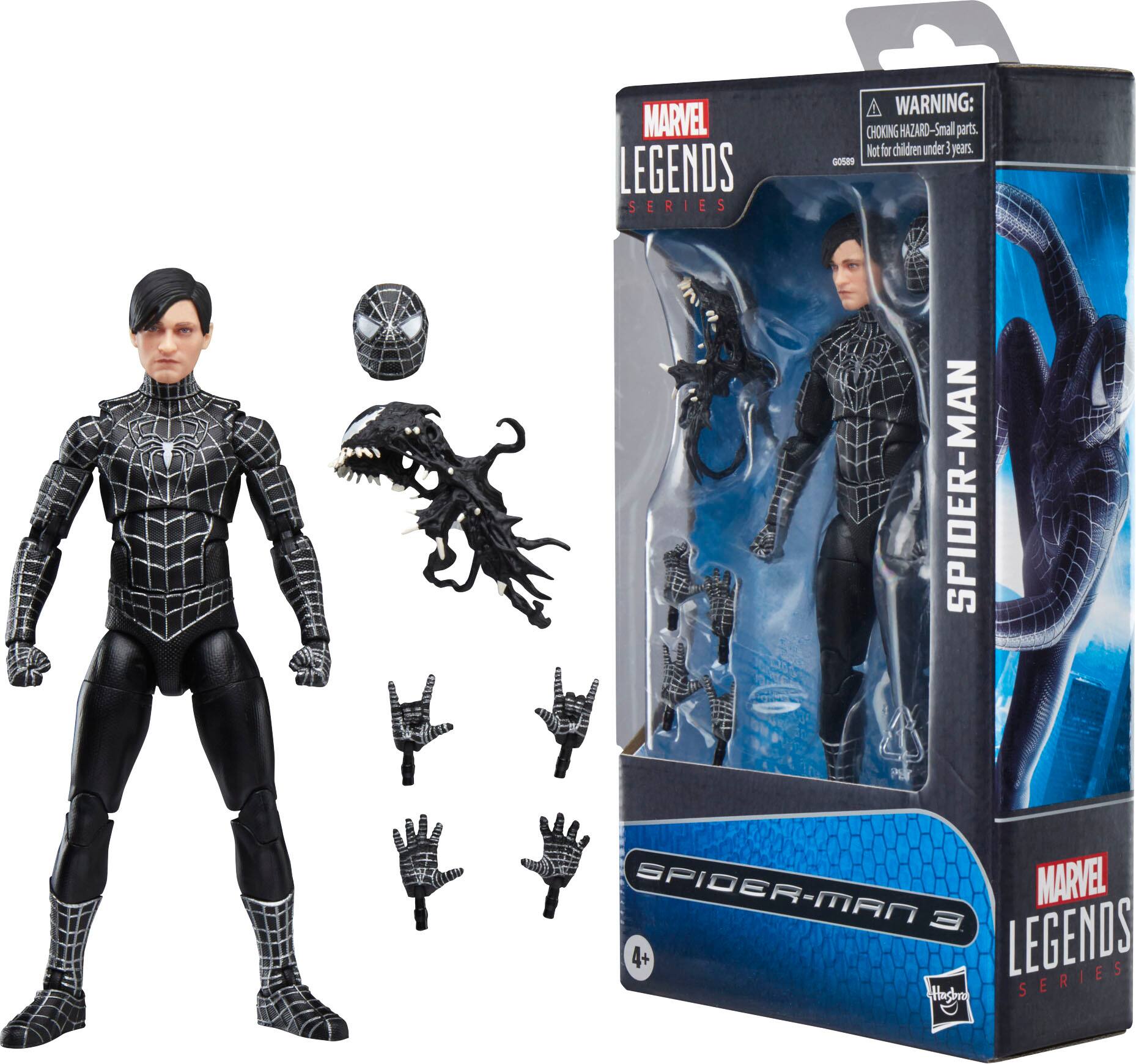 The image features a Spider-Man action figure from the Marvel Legends series. The figure is posed in a dynamic stance, with its arms outstretched. The packaging for the figure is displayed next to the action figure, indicating that it is a new, unopened toy. The packaging warns that the toy contains small parts and is not suitable for children under the age of 3. The figure is part of the Marvel Legends series, which is a popular line of action figures based on various Marvel characters.