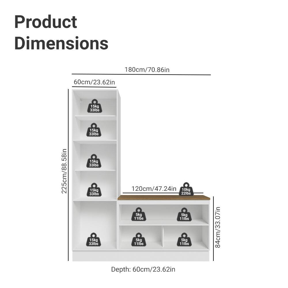 Product Dimensions

- Height: 180cm/70.86in
- Width: 60cm/23.62in
- Depth: 60cm/23.62in

Shelf Dimensions:
- Top Shelf: 225cm/88.58in (Width) x 120cm/47.24in (Depth)
- Middle Shelf: 225cm/88.58in (Width) x 120cm/47.24in (Depth)
- Bottom Shelf: 225cm/88.58in (Width) x 120cm/47.24in (Depth)

Load Capacity:
- Top Shelf: 15kg/33lbs
- Middle Shelf: 15kg/33lbs
- Bottom Shelf: 15kg/33lbs
- Drawer: 10kg/22lbs

Additional Dimensions:
- Depth: 60cm/23.62in
- Side Depth: 84cm/33.07in