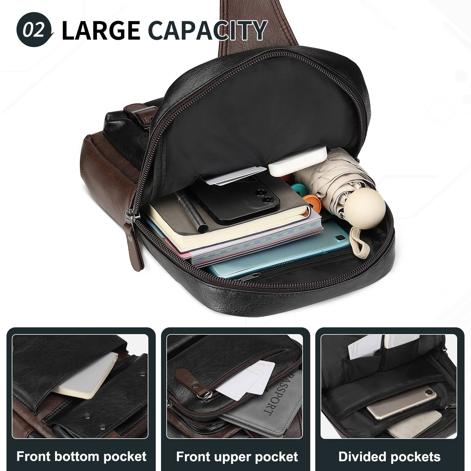 02 LARGE CAPACITY

Front bottom pocket  
Front upper pocket  
Divided pockets
