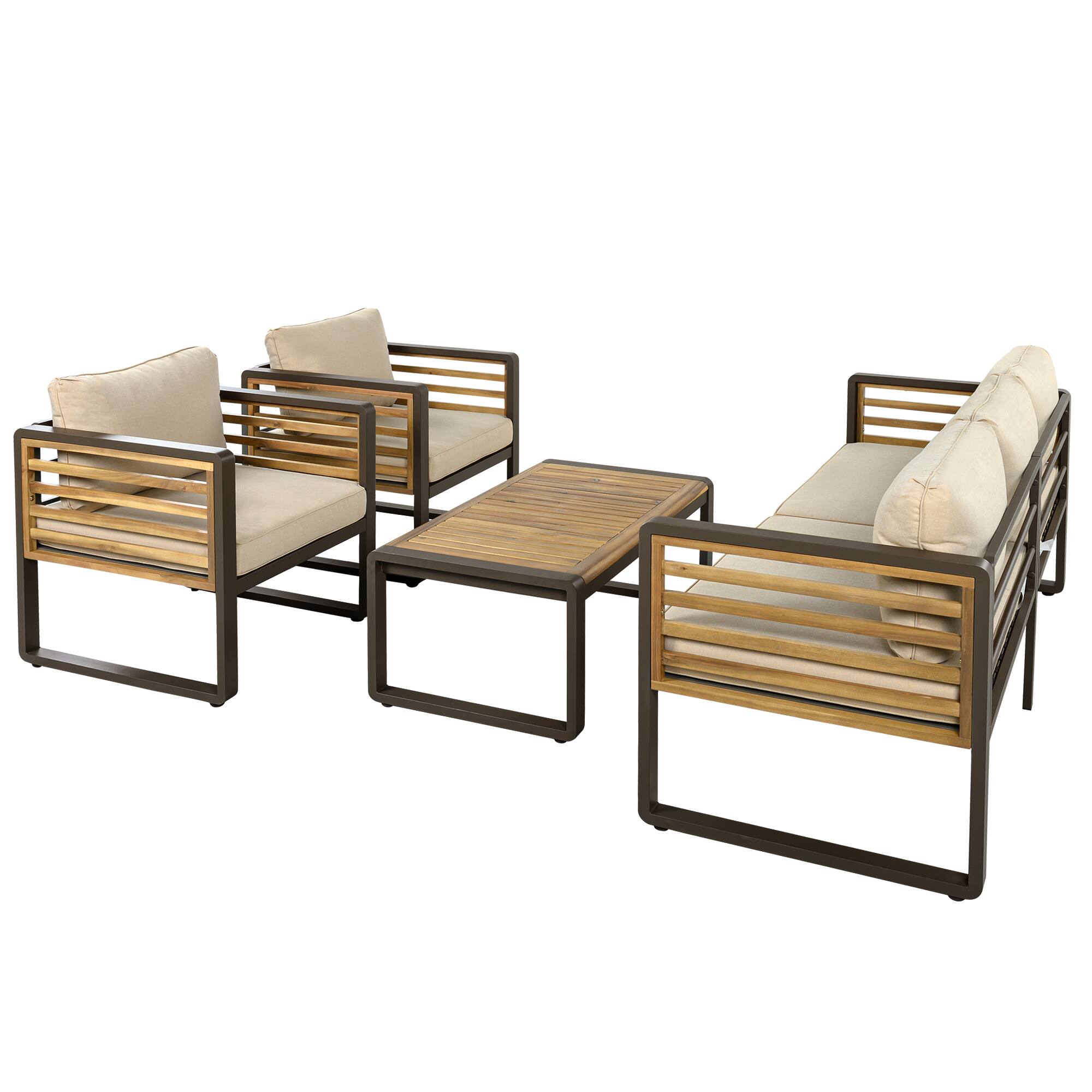Alt View 1. Whisen - 4-Piece Acacia Wood & Metal Patio Conversation Sofa Set for 5, with 4-Inch Thick Removable Cushions - Brown.