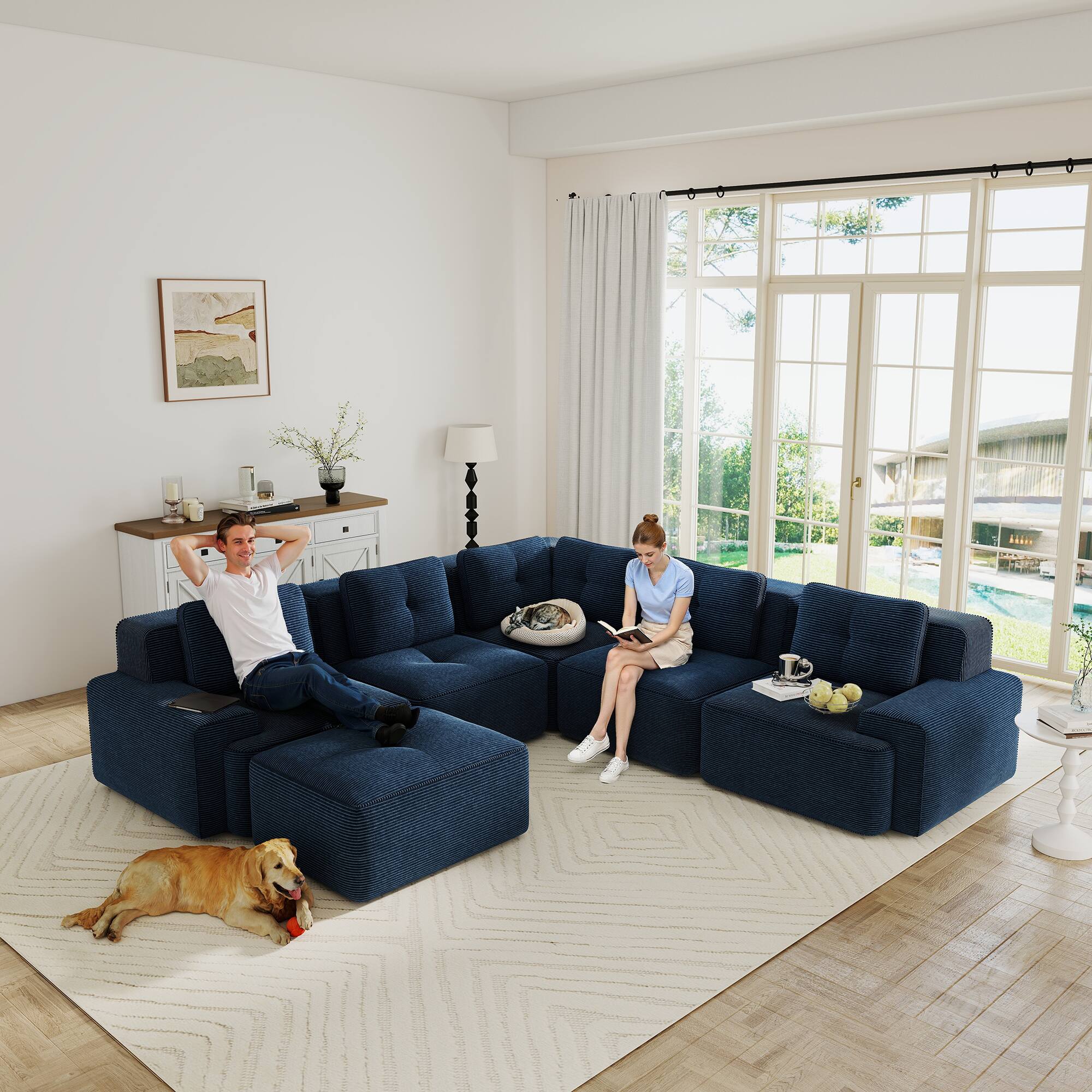 Alt View 1. Anysun - 82" L-Shape Corduroy Sectional Sofa with Ottoman - 2-Seat Deep-Seat Couch, Pearl Piping, Tufted, No Assembly - Blue.