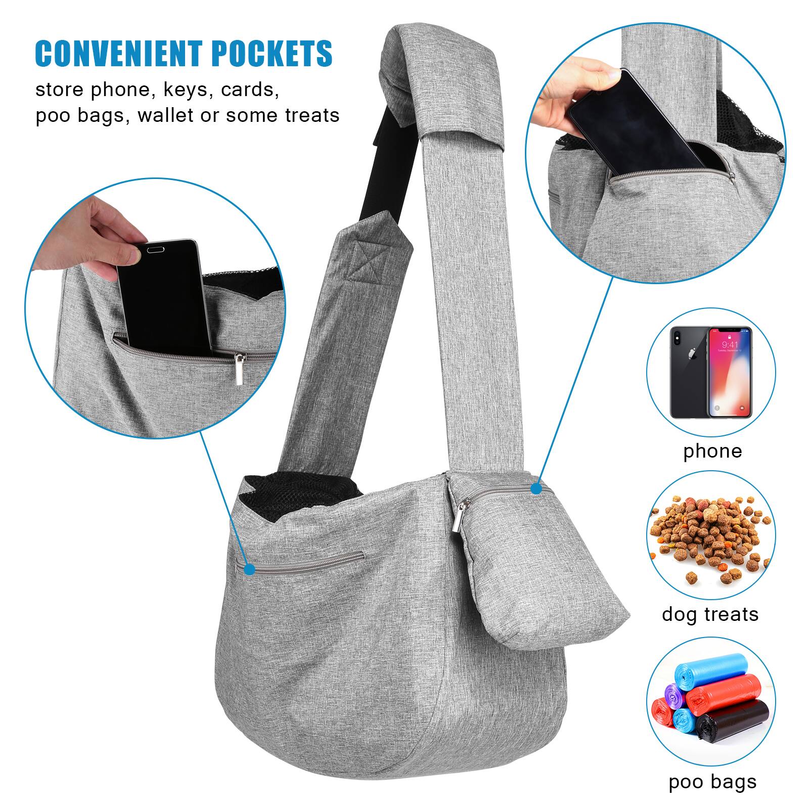 CONVENIENT POCKETS  
store phone, keys, cards, poo bags, wallet or some treats  

- phone  
- dog treats  
- poo bags