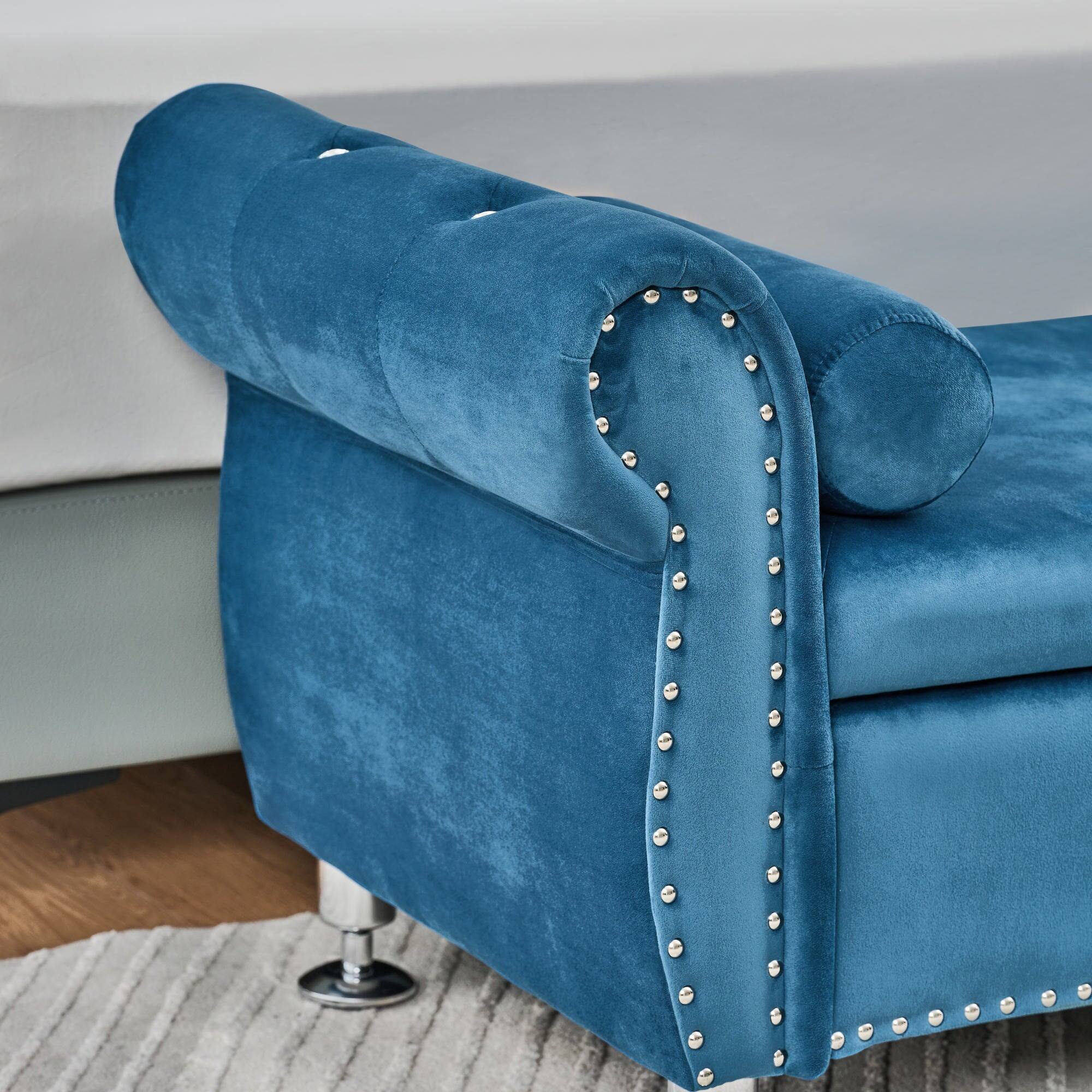 Alt View 3. Boyel Living - 62.2In Blue Velvet Storage Bench w Crystal Buttons&Pillow for Bedroom Living Room - Blue.