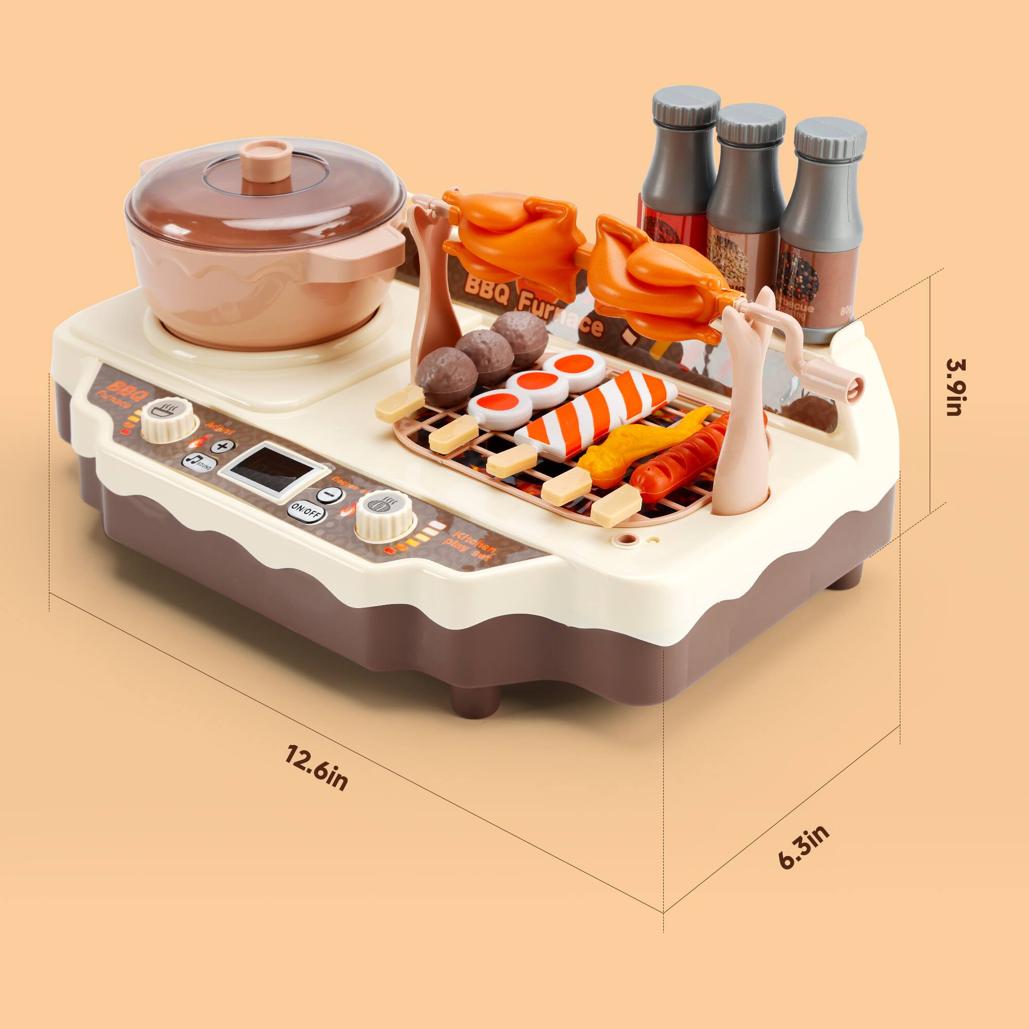 Purnace BBQ JDO 1 Adet A + 0 dnp BBQ Furnace ue A 3.9in ONOFF N G play Kitchen aet 12.6in 6.3in