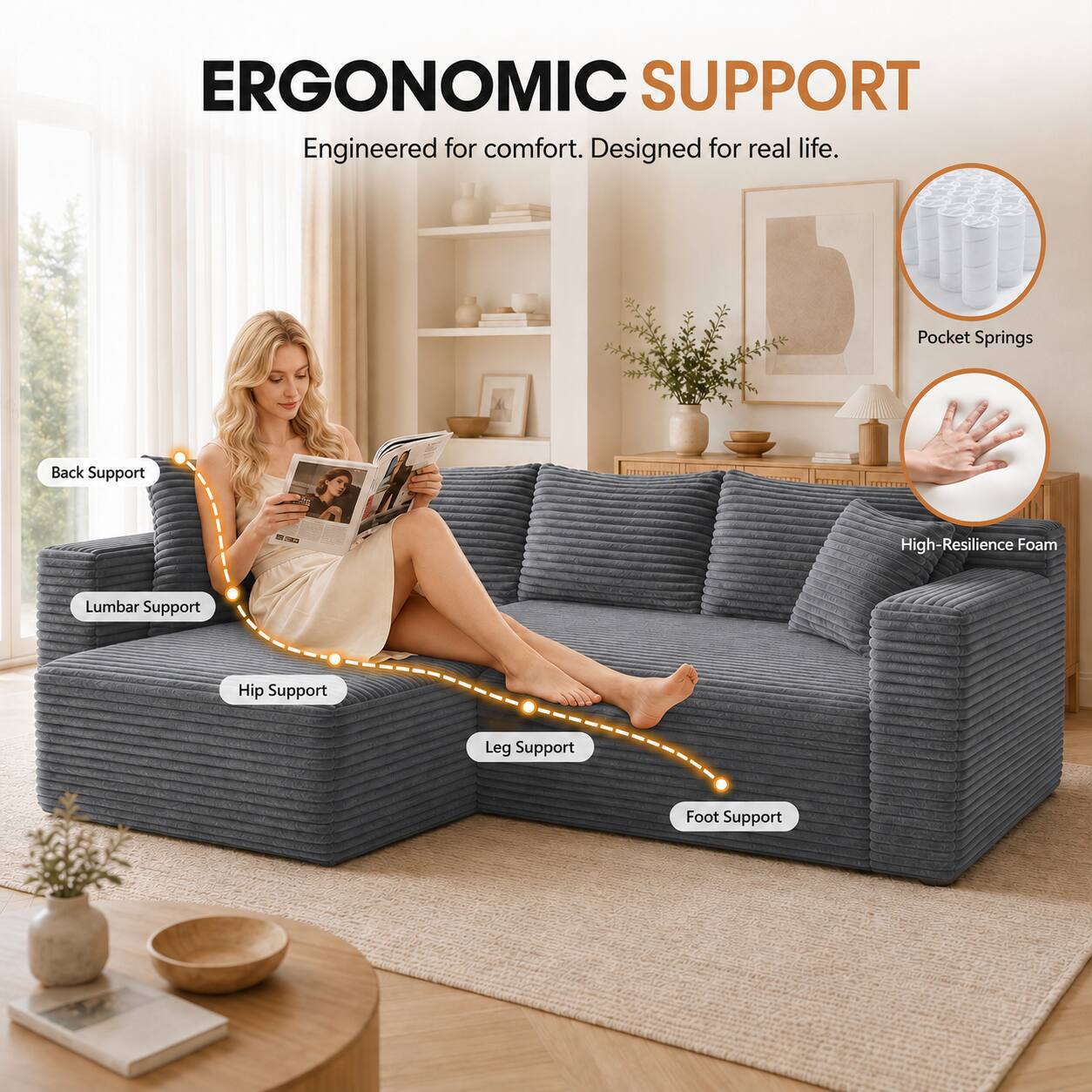 ERGONOMIC SUPPORT  
Engineered for comfort. Designed for real life.  

- Pocket Springs  
- High-Resilience Foam  
- Back Support  
- Lumbar Support  
- Hip Support  
- Leg Support  
- Foot Support