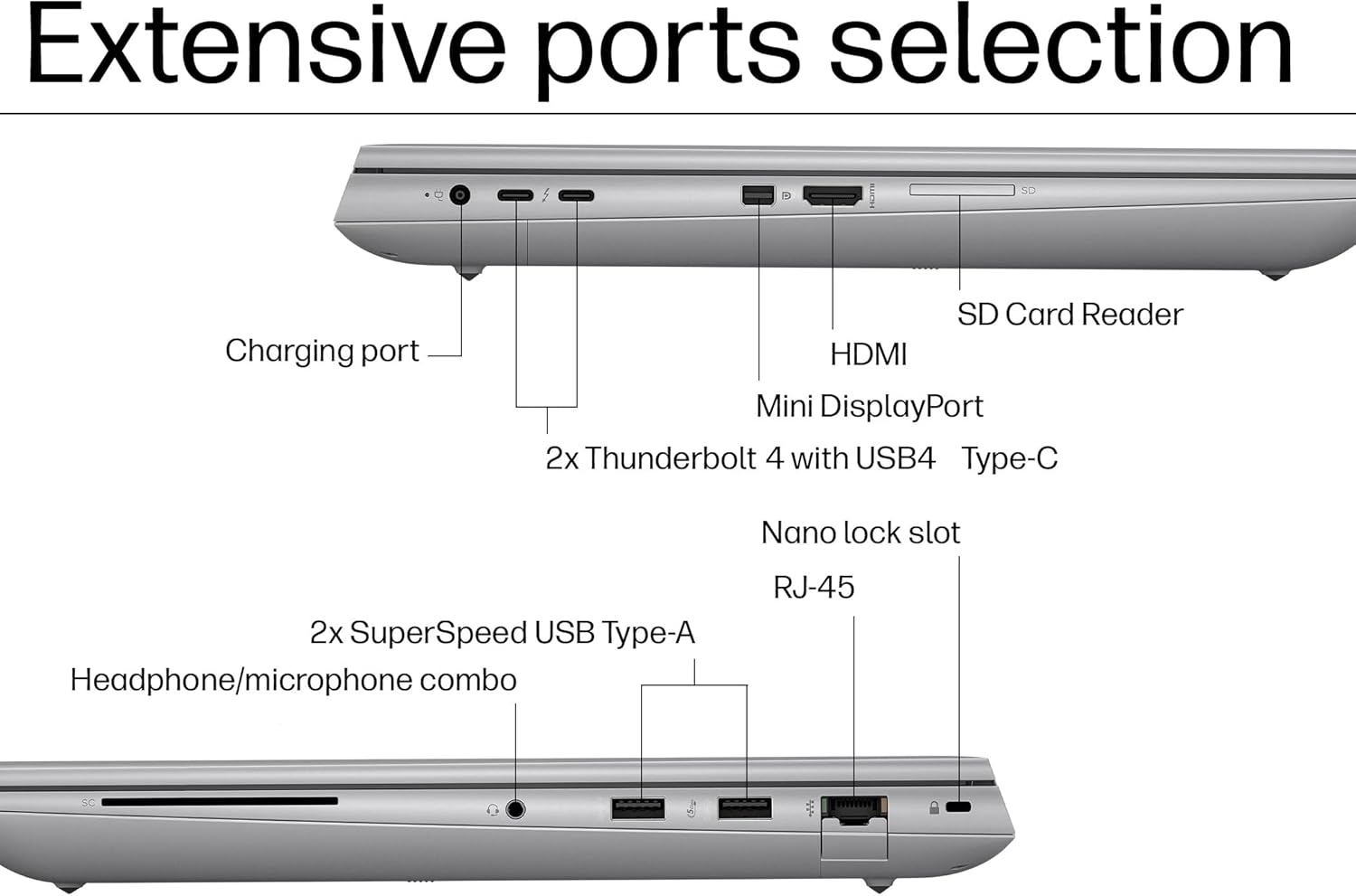 Extensive ports selection  
- Charging port  
- SD Card Reader  
- HDMI  
- Mini DisplayPort  
- 2x Thunderbolt 4 with USB4 Type-C  
- Nano lock slot  
- 2x SuperSpeed USB Type-A  
- Headphone/microphone combo  
- RJ-45
