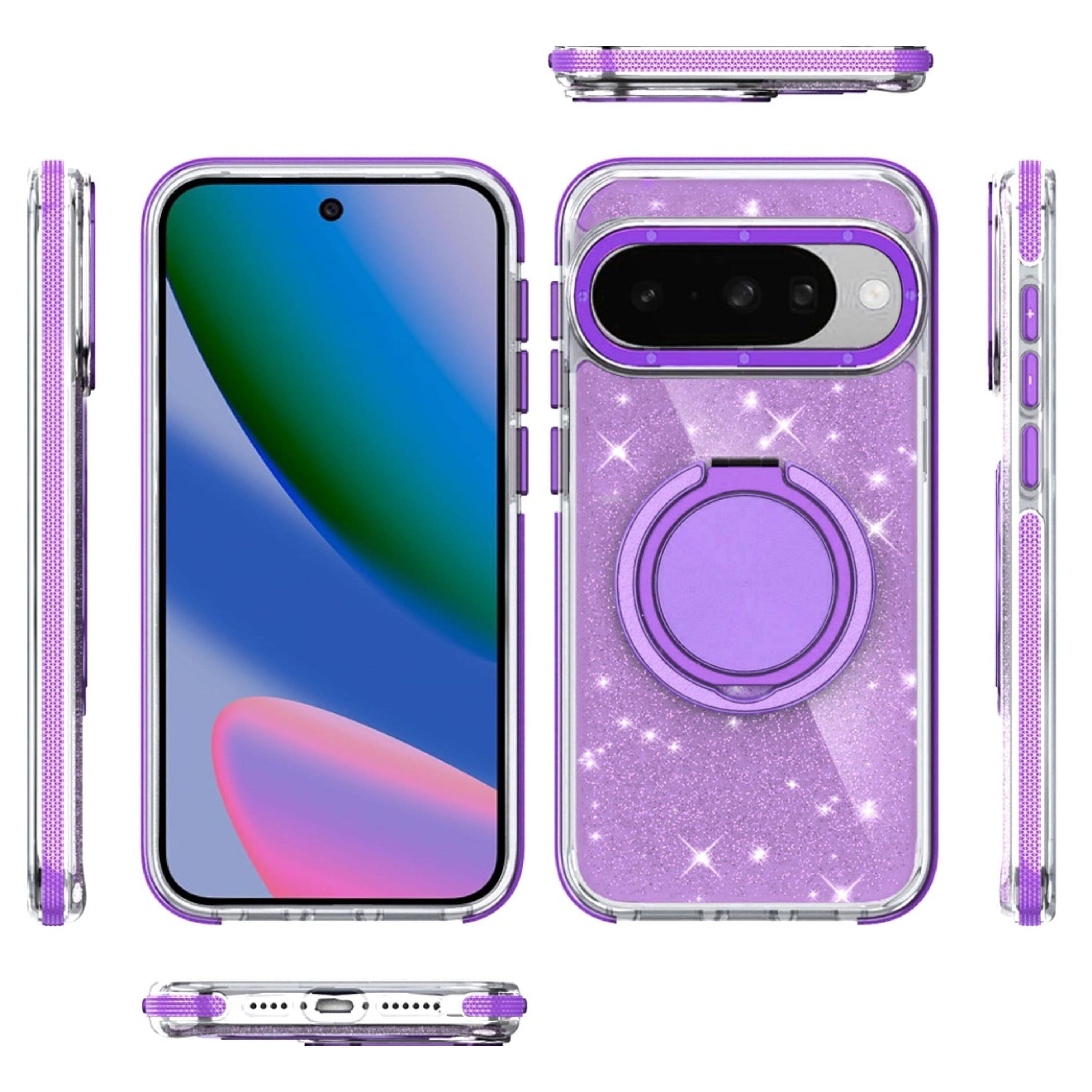 Left. Kitcheniva - Glitter Magnetic Ring Stand Case With Tempered Glass For Google Pixel 10 / 10 Pro Purple - Purple.