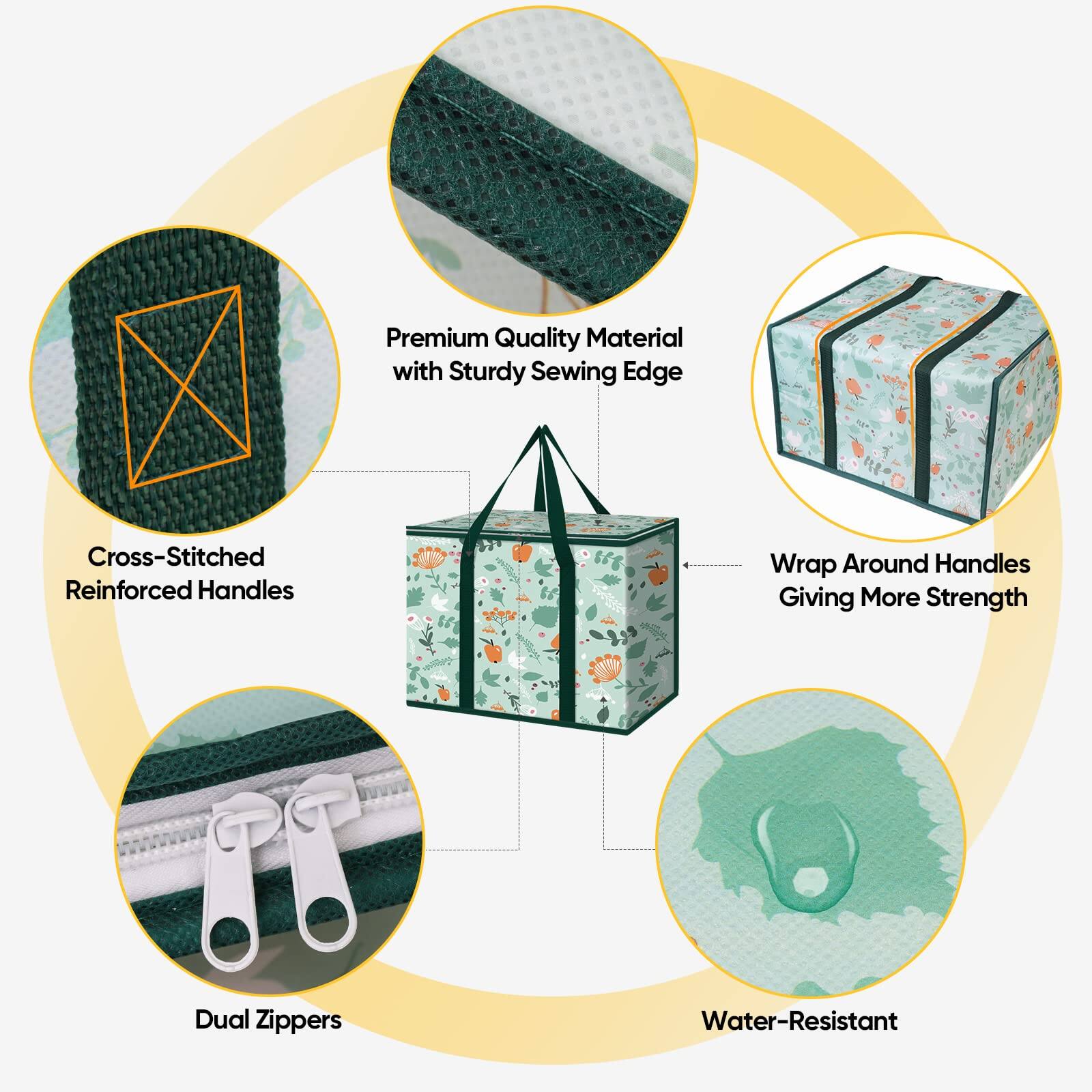 Premium Quality Material with Sturdy Sewing Edge  
Cross-Stitched Reinforced Handles  
Wrap Around Handles Giving More Strength  
Dual Zippers  
Water-Resistant