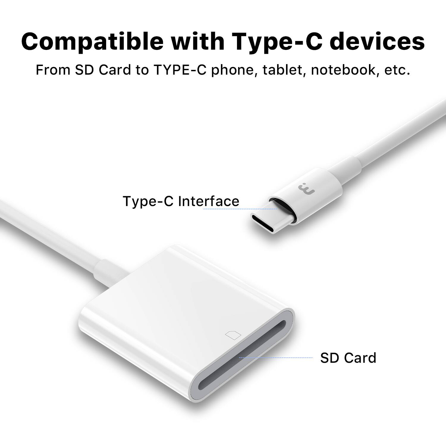 Compatible with Type-C devices  
From SD Card to TYPE-C phone, tablet, notebook, etc.  

Type-C Interface  
SD Card