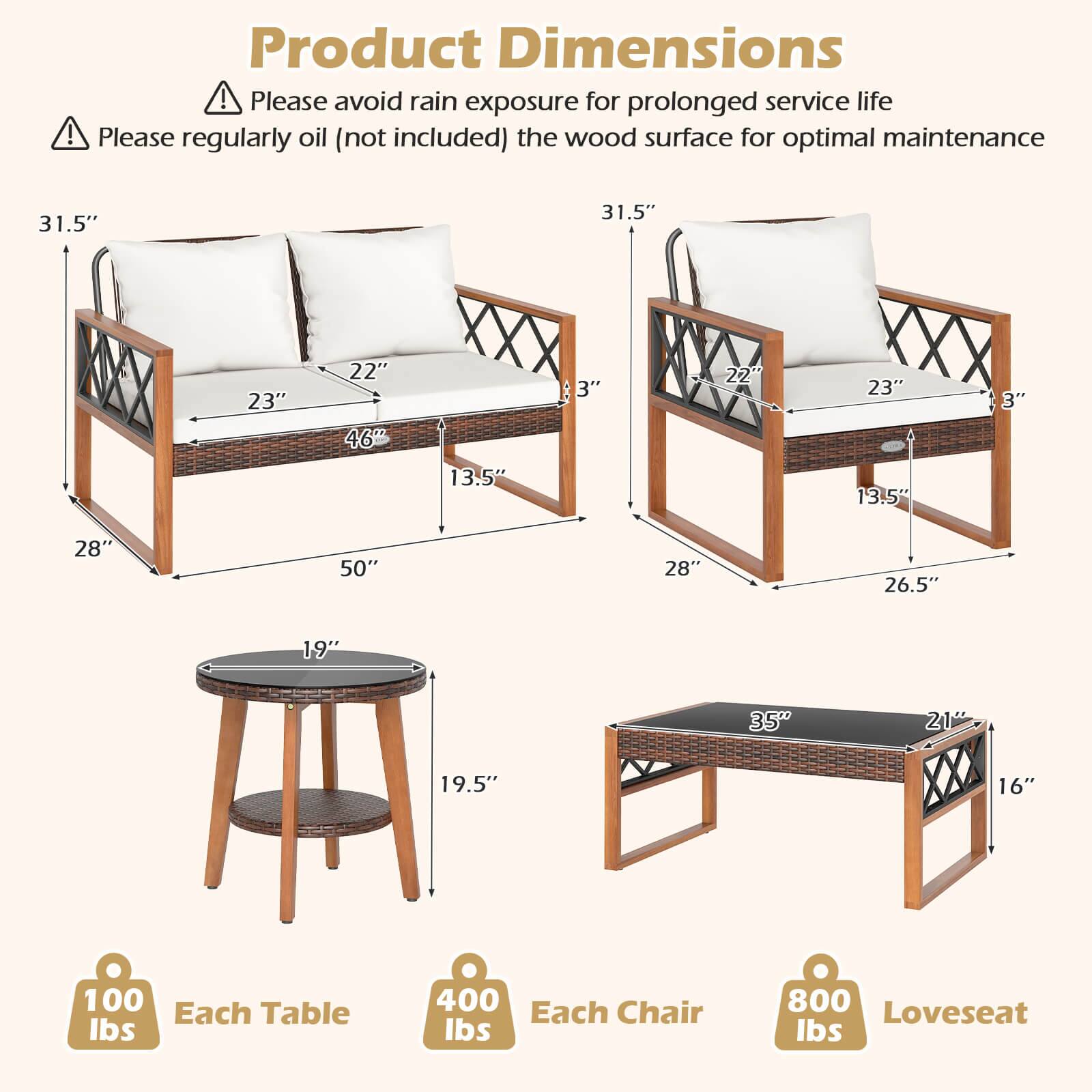 **Product Dimensions**

- Please avoid rain exposure for prolonged service life
- Please regularly oil (not included) the wood surface for optimal maintenance

- **Loveseat:**
  - Height: 31.5"
  - Width: 50"
  - Depth: 28"
  - Seat Height: 19"
  - Seat Depth: 23"
  - Armrest Height: 31.5"
  - Back Height: 22"
  - Armrest Width: 13.5"
  - Armrest Depth: 3"

- **Table:**
  - Height: 19.5"
  - Diameter: 28"

- **Chair:**
  - Height: 31.5"
  - Width: 26.5"
  - Depth: 28"
  - Seat Height: 19"
  - Seat Depth: 21"
  - Armrest Height: 31.5"
  - Back Height: 22"
  - Armrest Width: 13.5"
  - Armrest Depth: 3"

- **Weight Capacity:**
  - Each Table: 100 lbs
 