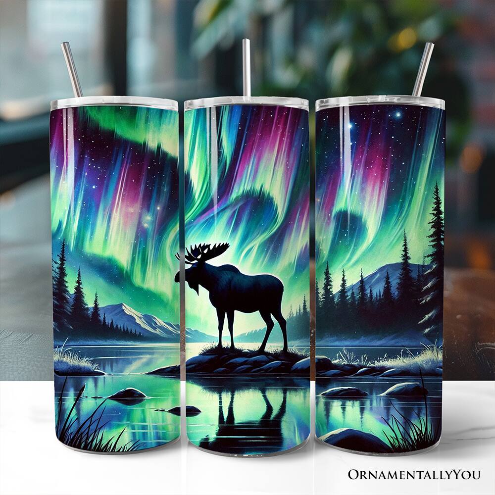 Back. OrnamentallyYou - Majestic Moose Under Northern Lights 20oz Tumbler With Lid and Stainless Steel Straw - Multicolored.