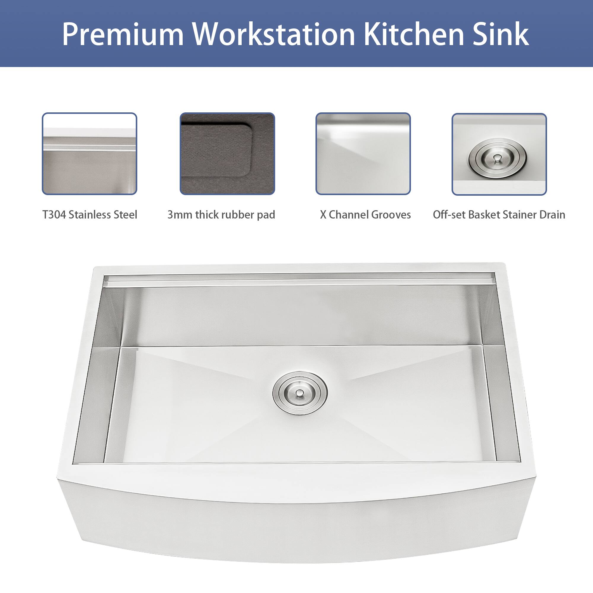 Premium Workstation Kitchen Sink

- T304 Stainless Steel
- 3mm thick rubber pad
- X Channel Grooves
- Off-set Basket Strainer Drain