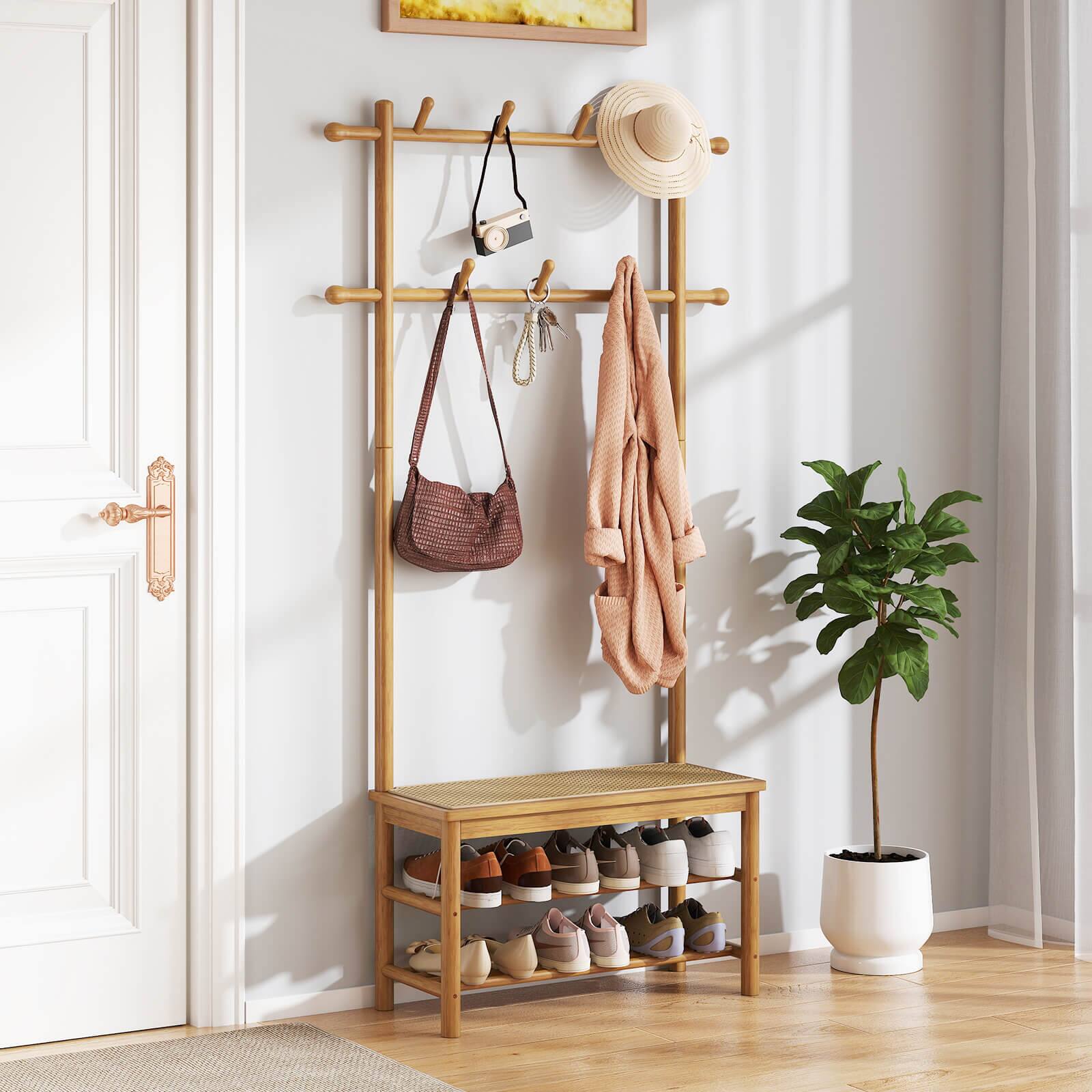 Alt View 1. Costway - Costway Bamboo Coat Rack with Bench Shoe Storage 2 Hanging Rods 11 Hanging Hooks Shelves - Beige.