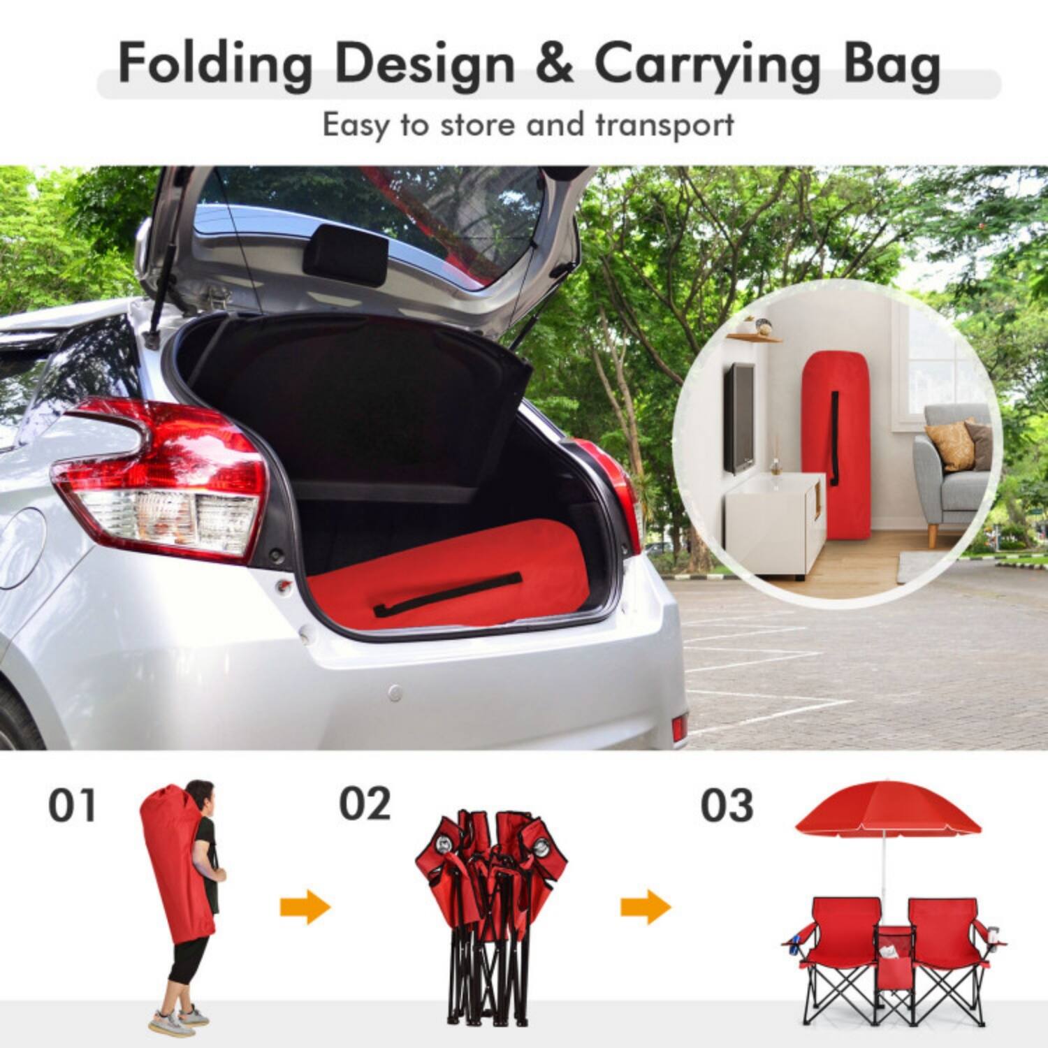 Folding Design & Carrying Bag  
Easy to store and transport  

01  
02  
03