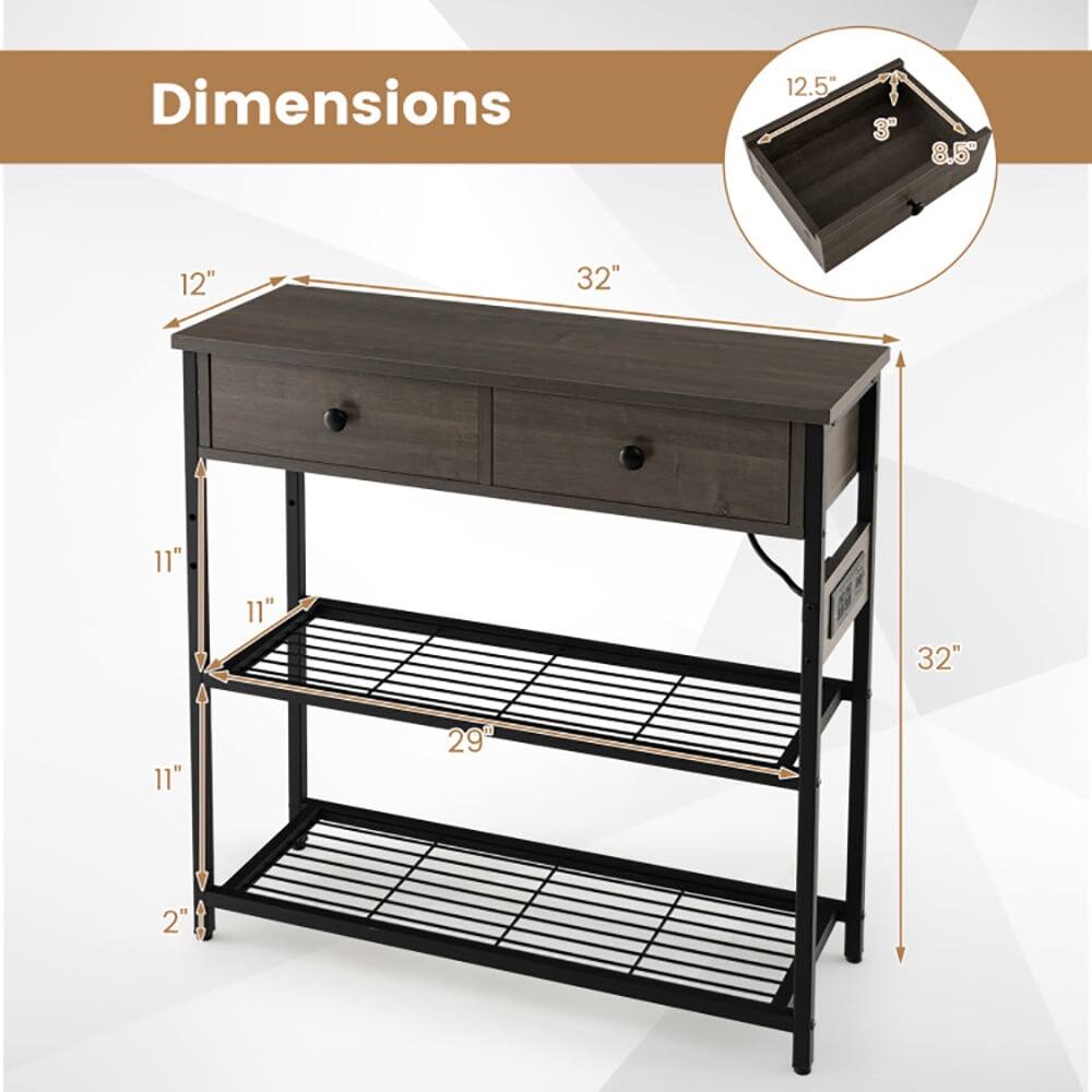 Dimensions: 12.5" x 8.5" x 3"  
Table: 12" x 32" x 11"  
Shelf: 11" x 29" x 2"
