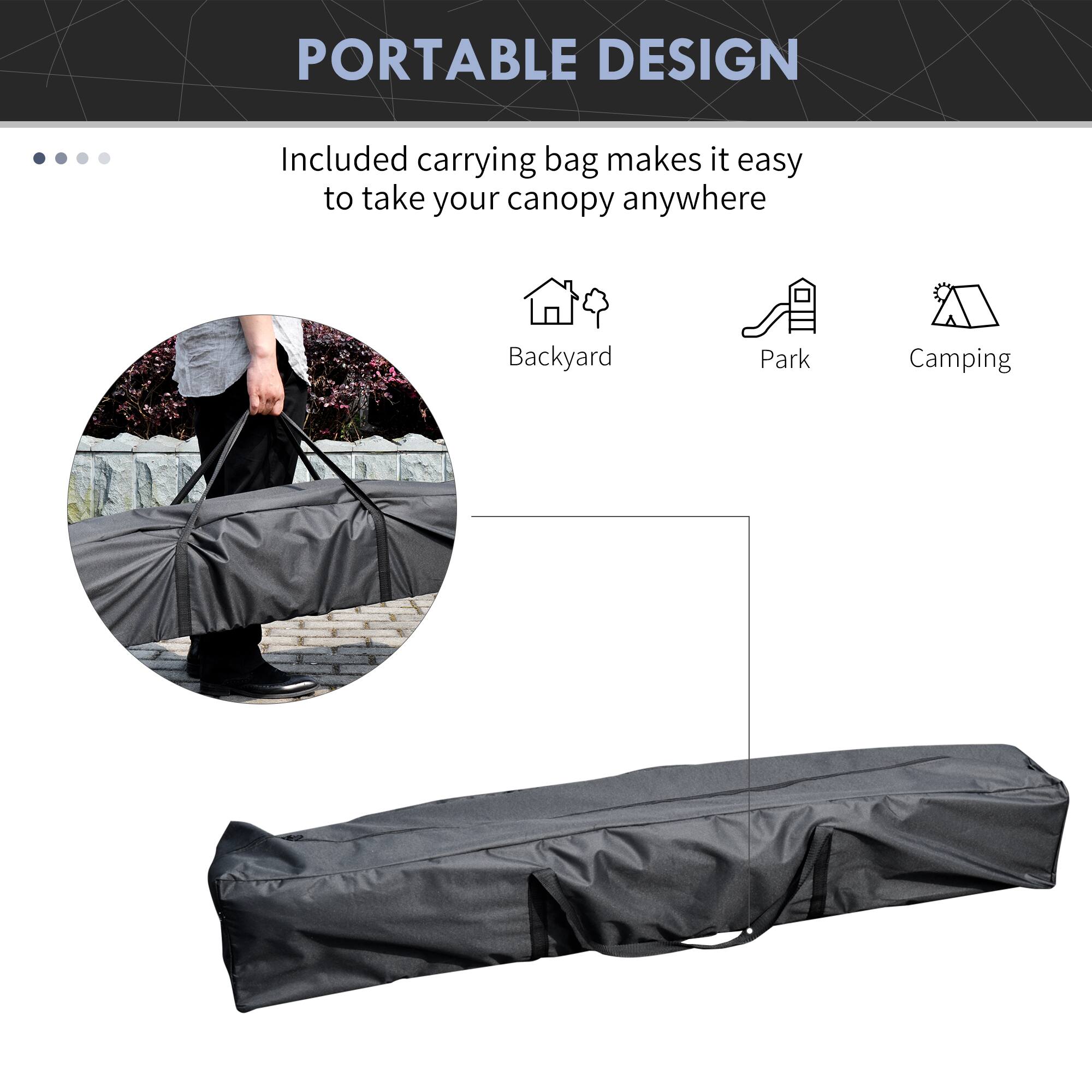 PORTABLE DESIGN

Included carrying bag makes it easy to take your canopy anywhere

Backyard
Park
Camping