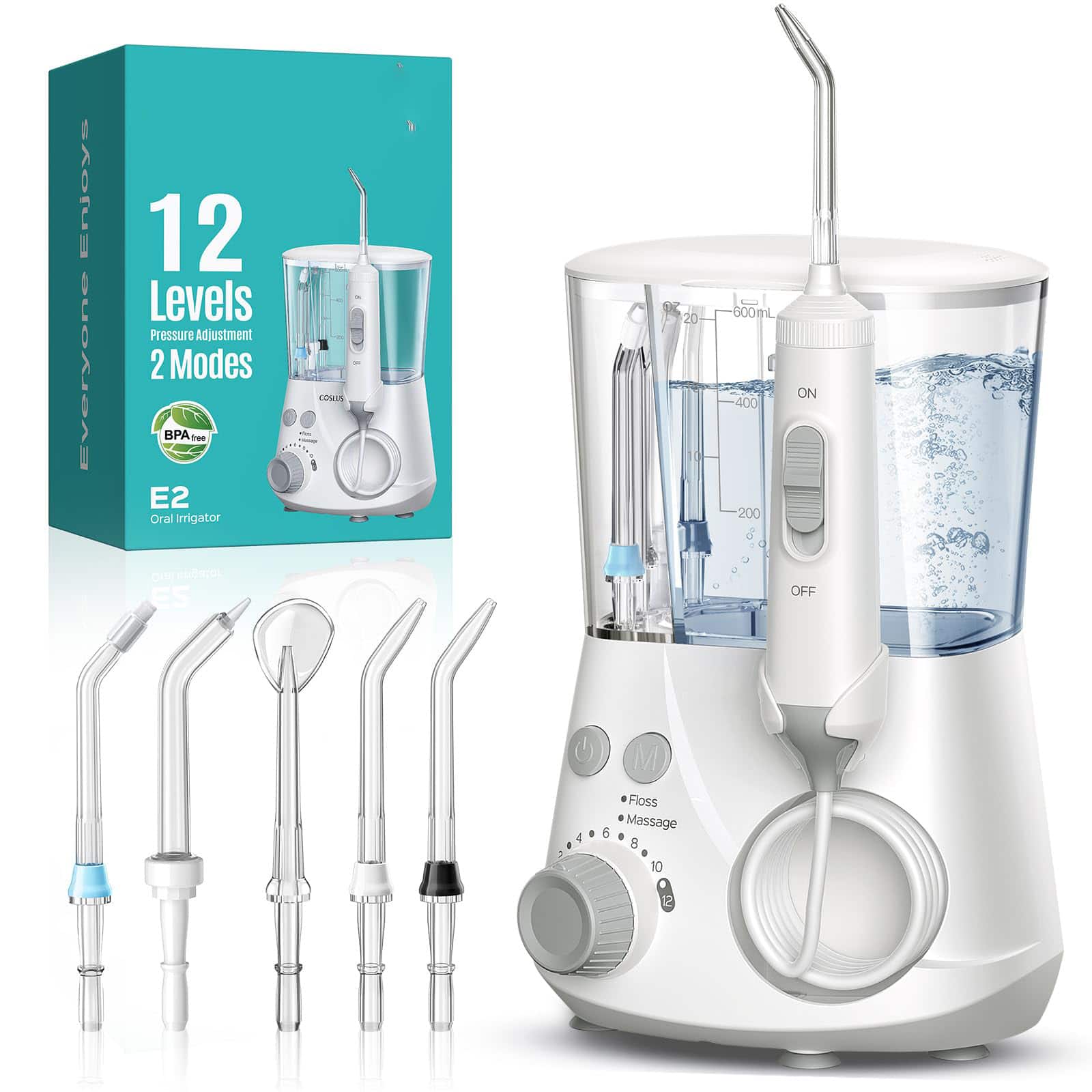 GlowWise - Advanced Water Flosser: 2 Modes & 12 Pressure Settings, 5 Jet Tips for Braces/Sensitive Gums, Family Use - White